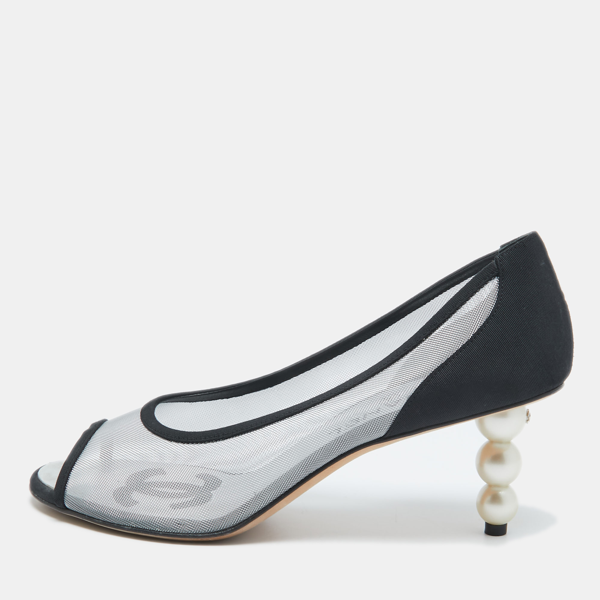 

Chanel Silver/Black Canvas and Mesh CC Peep Toe Pumps Size
