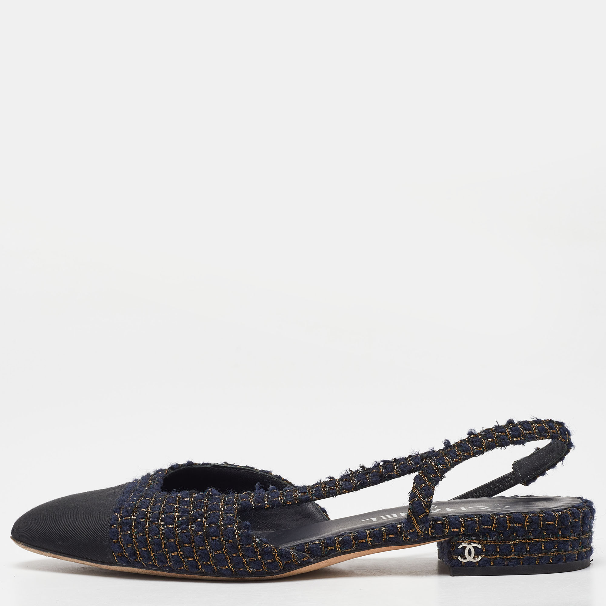 

Chanel Blue/Black Tweed and Canvas CC Toe Slingback Sandals Size