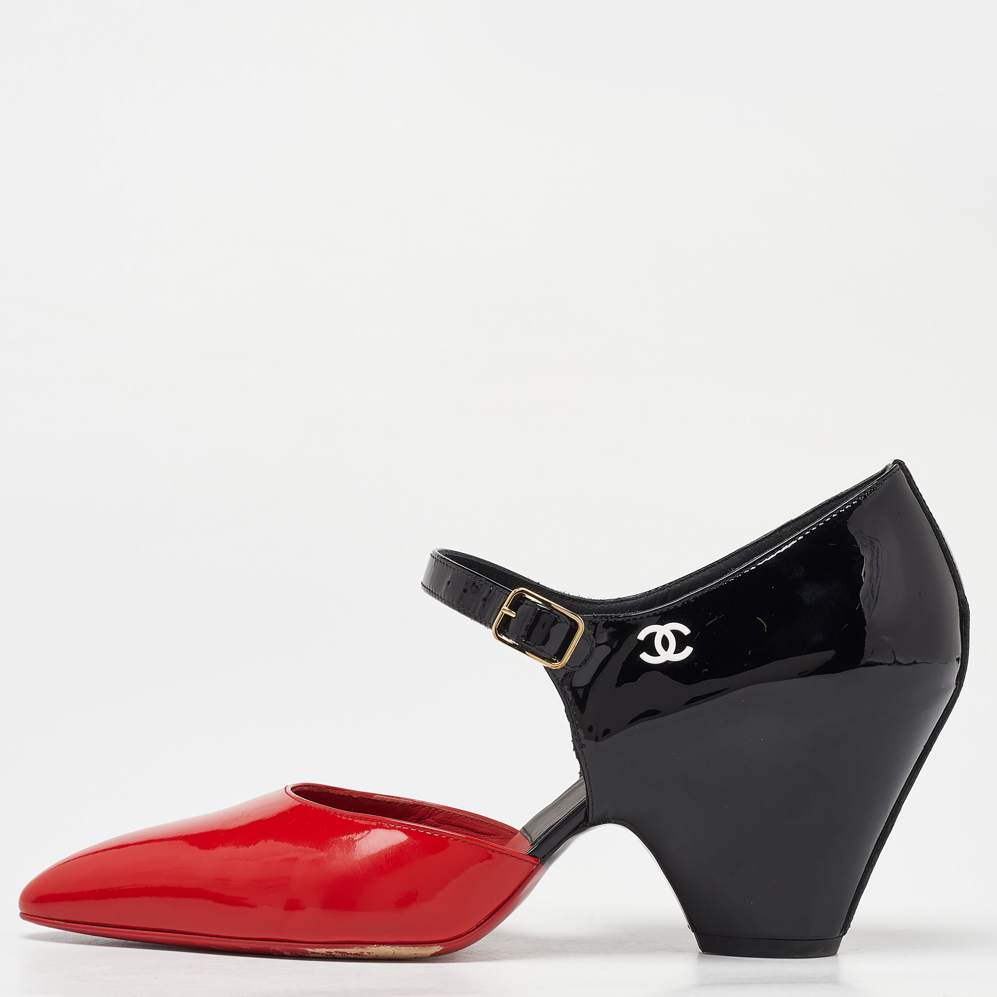 

Chanel Red/Black Patent Leather Mary Jane Wedge Pumps Size