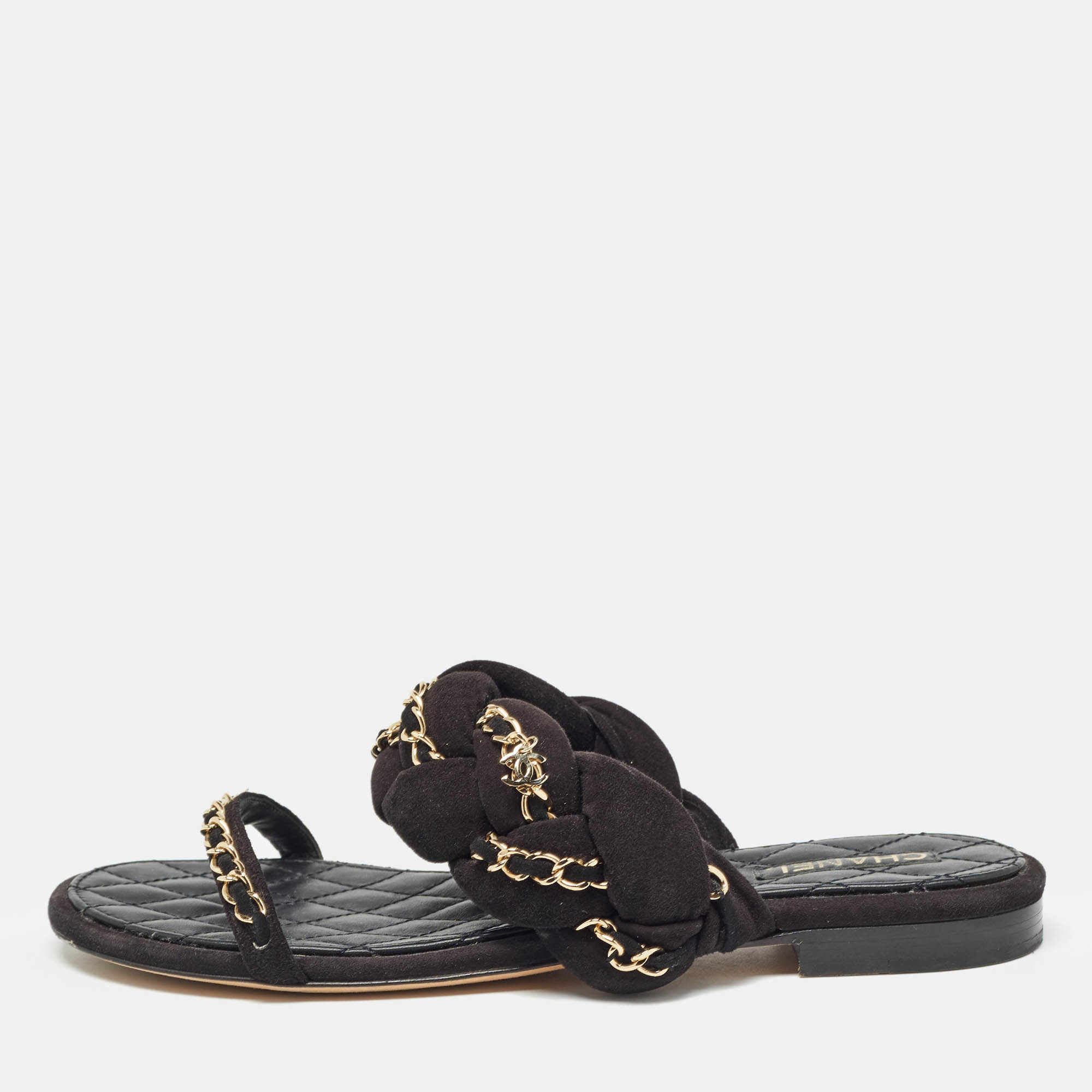 Pre-owned Chanel Black Suede Chain Embellished Flat Slides Size 38