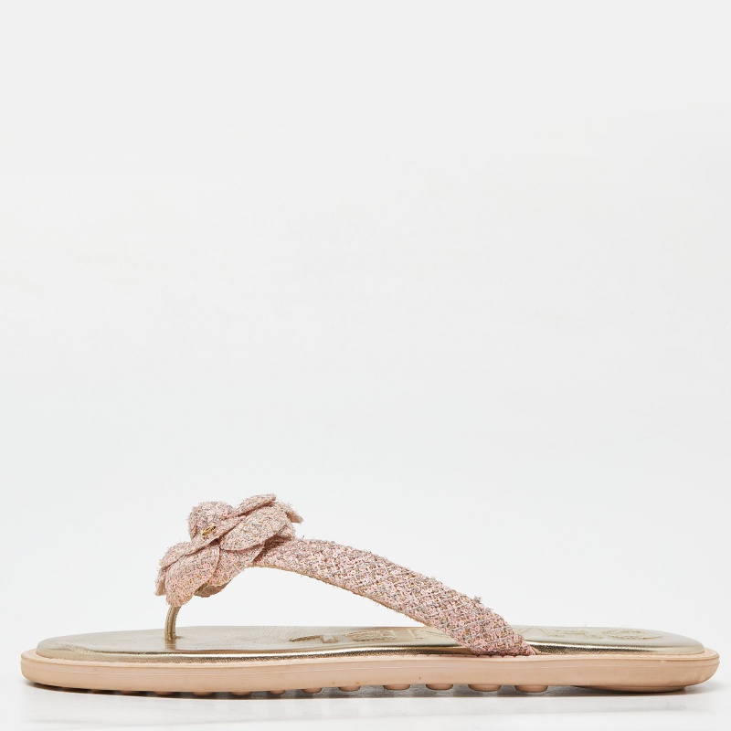 

Chanel Pink/Silver Tweed CC Camellia Thong Flat Slides Size