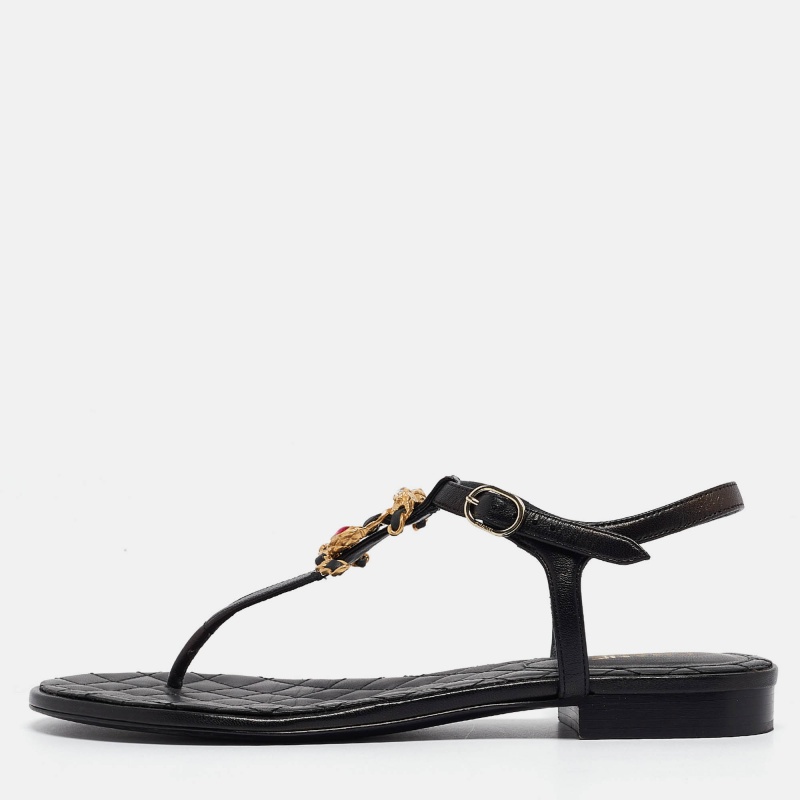 

Chanel Black Leather CC Embellished Thong Flat Sandals Size