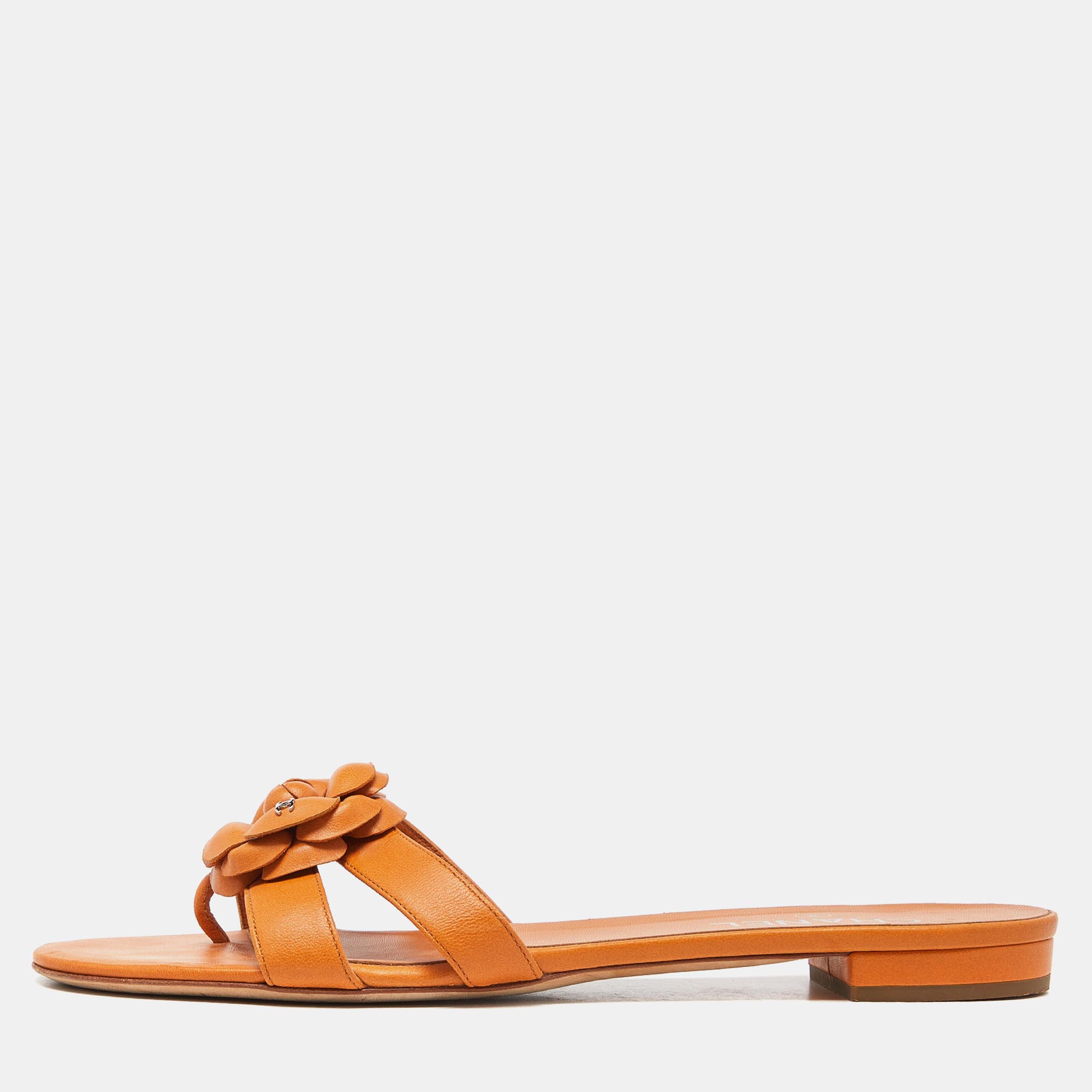 

Chanel Orange Leather Camellia Open Toe Flat Slides Size