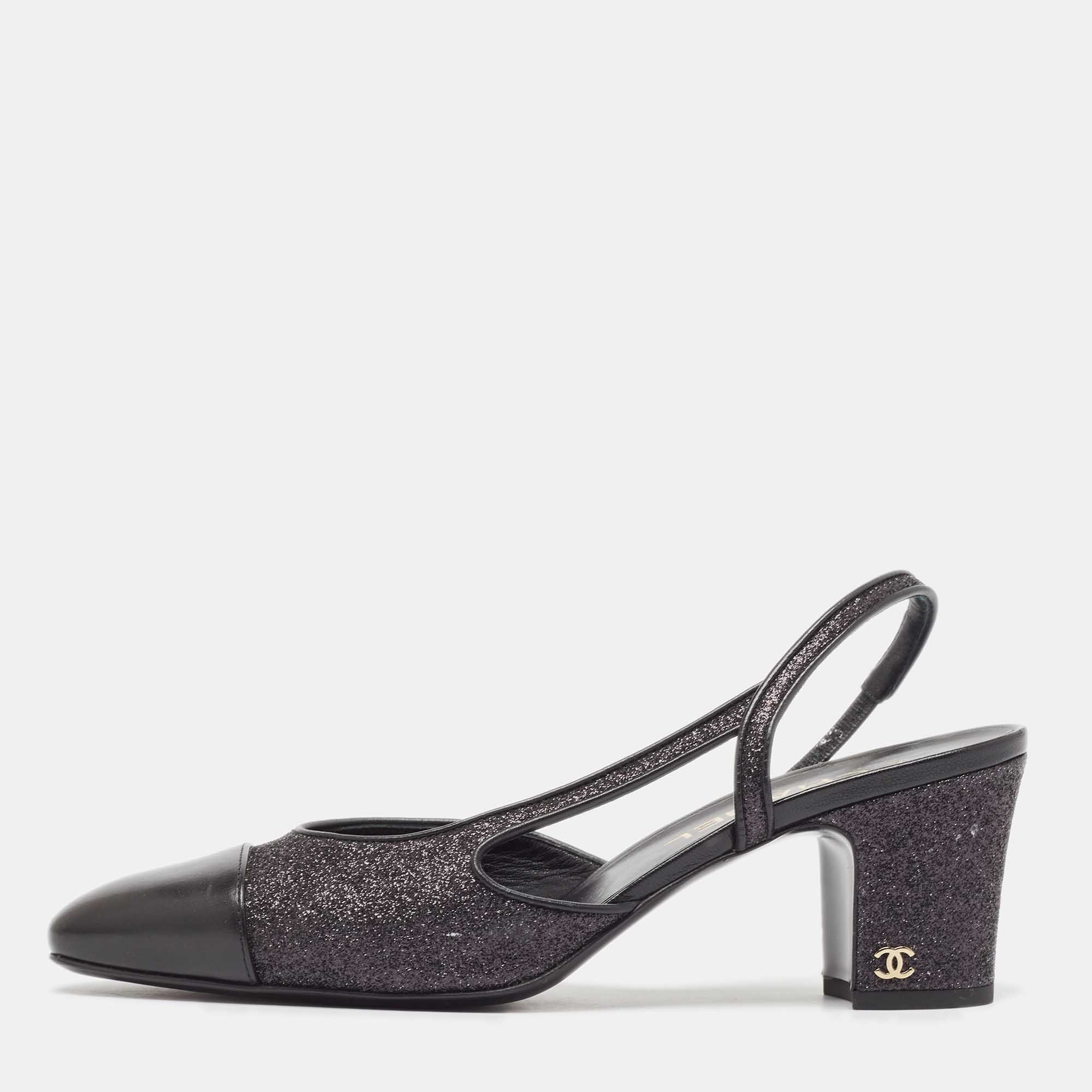 

Chanel Black Glitter Leather D'orsay CC Cap Toe Block Heel Slingback Pumps Size