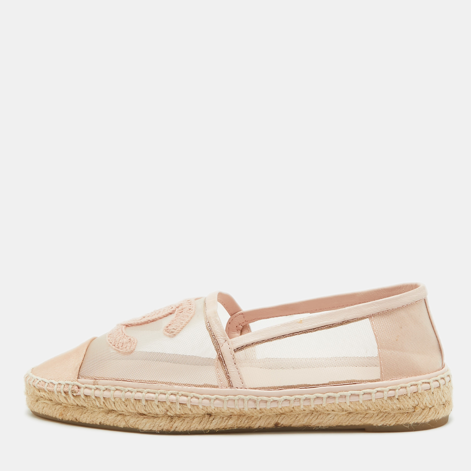 

Chanel Pink Lace Up CC Cap Toe Espadrille Flats Size