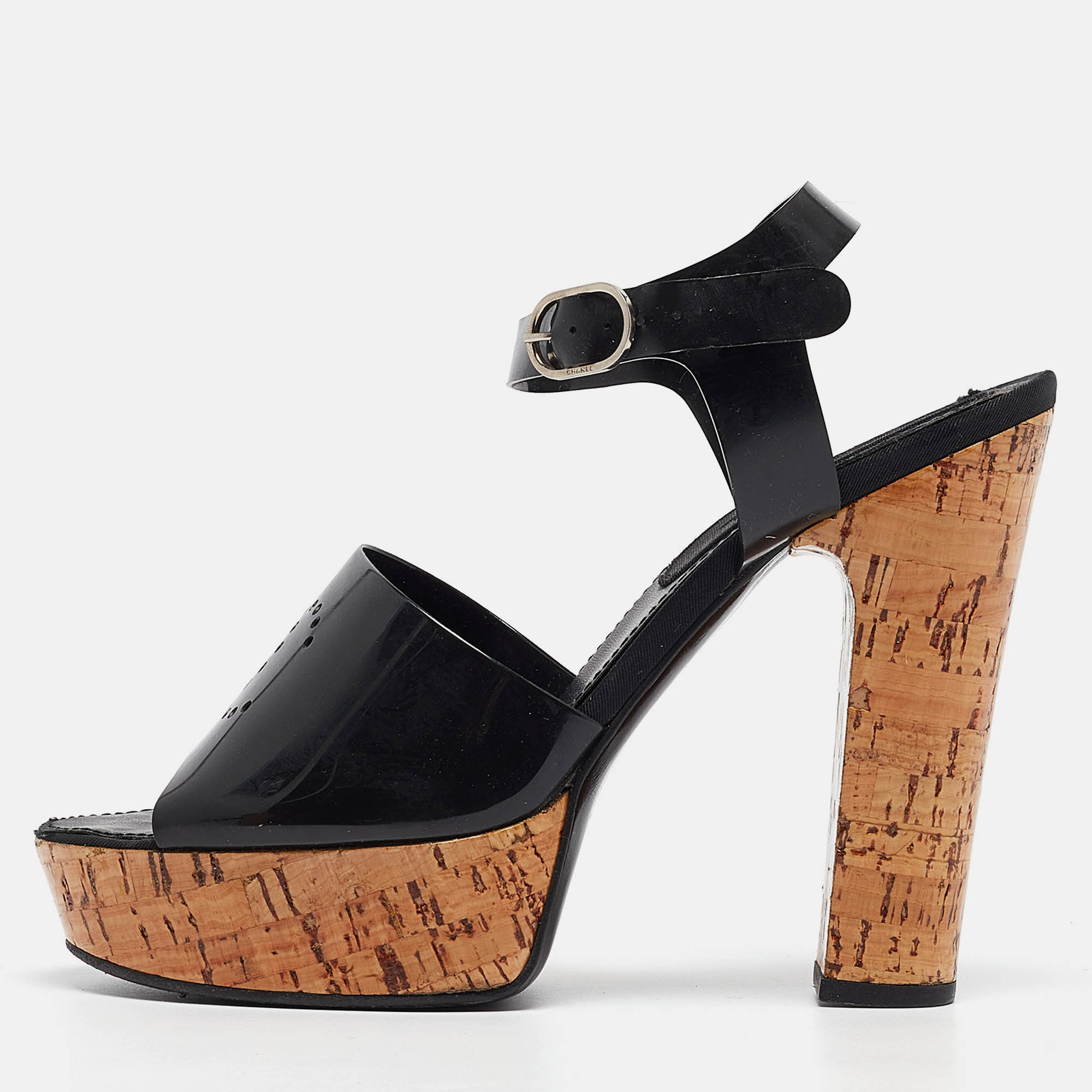 

Chanel Black Jelly CC Cork Platform Ankle Strap Sandals Size