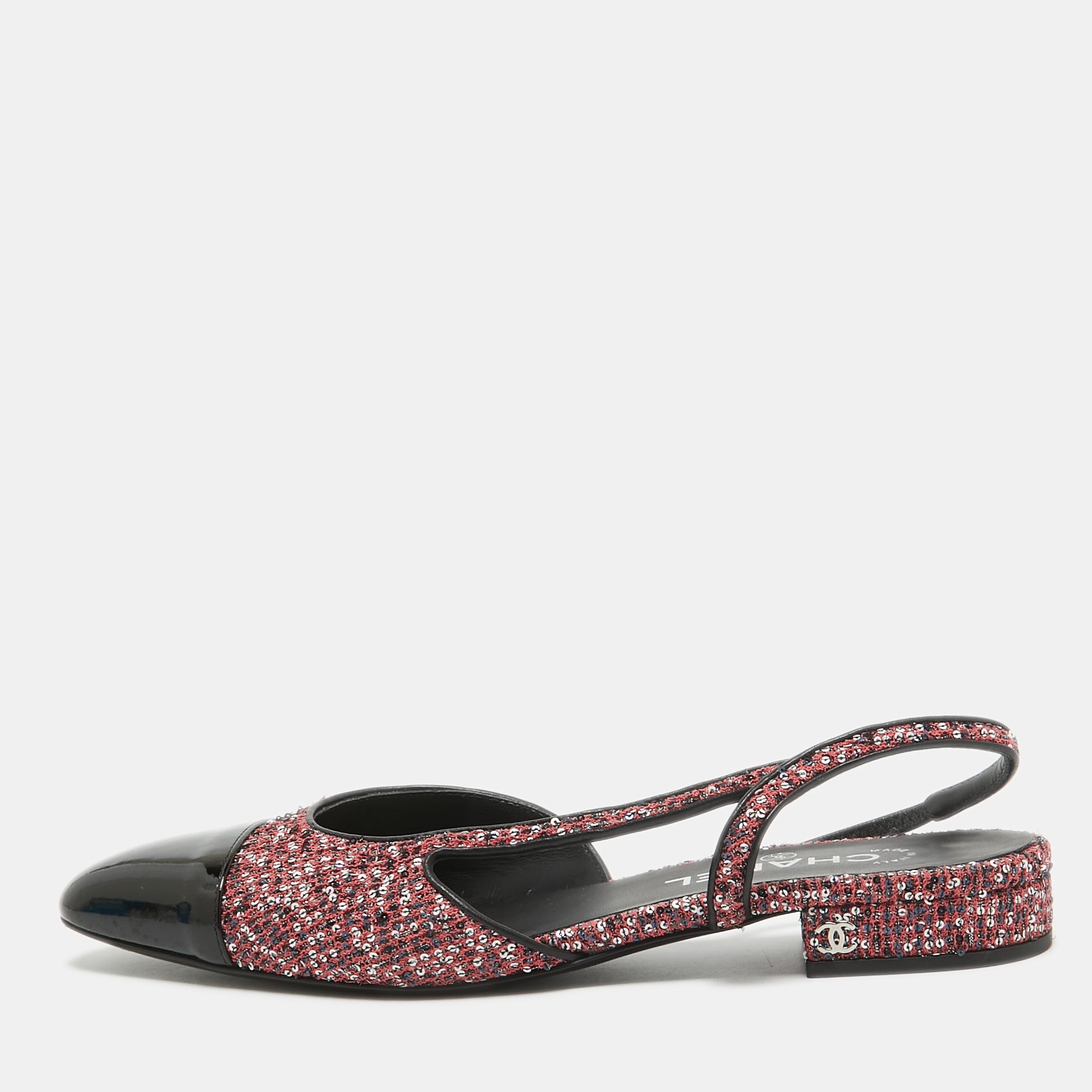 

Chanel Pink/Black Sequin and Patent CC Cap Toe Slingback Flats Size