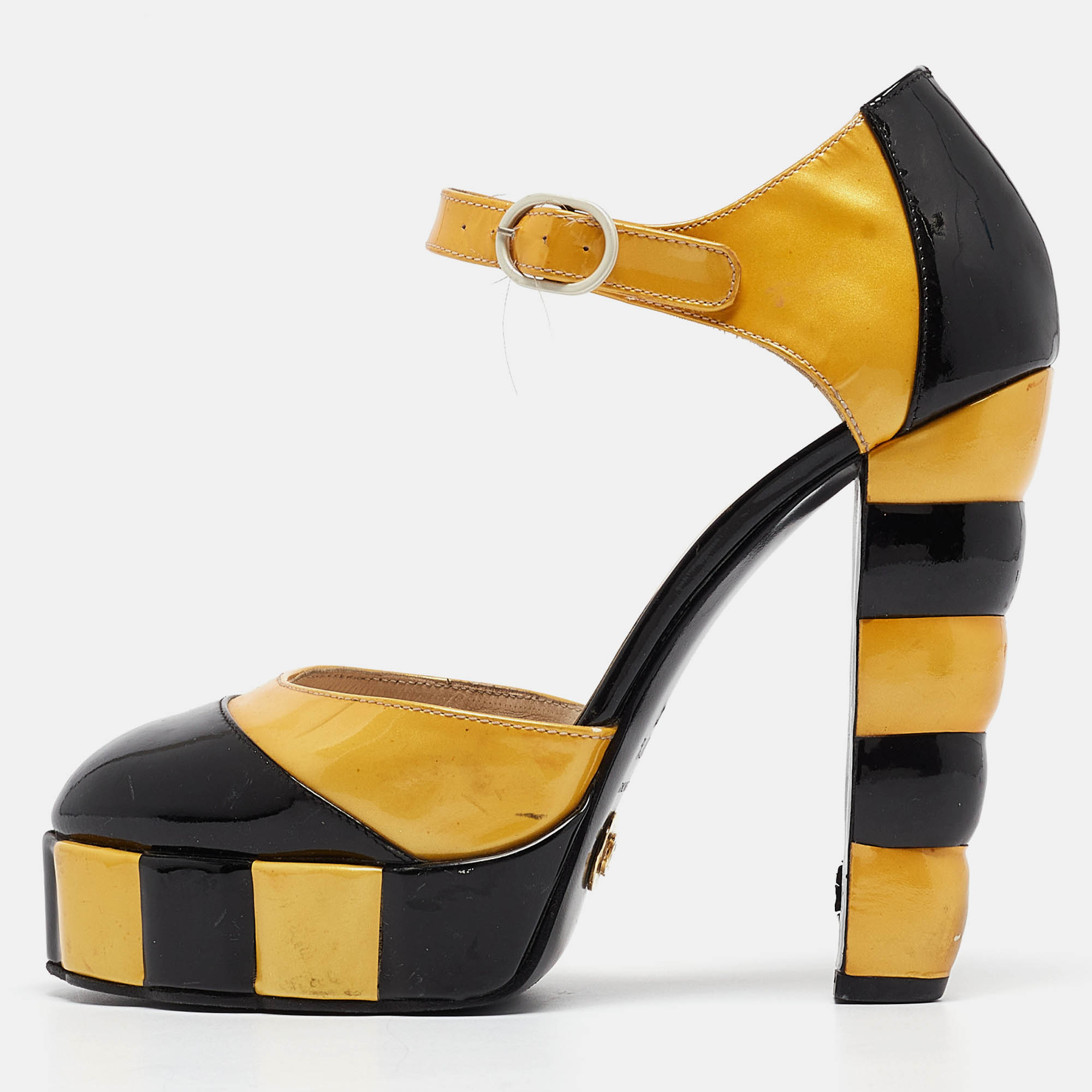 Pre-owned Chanel Black/yellow Patent Leather Platform Ankle Strap Pumps Size 37.5