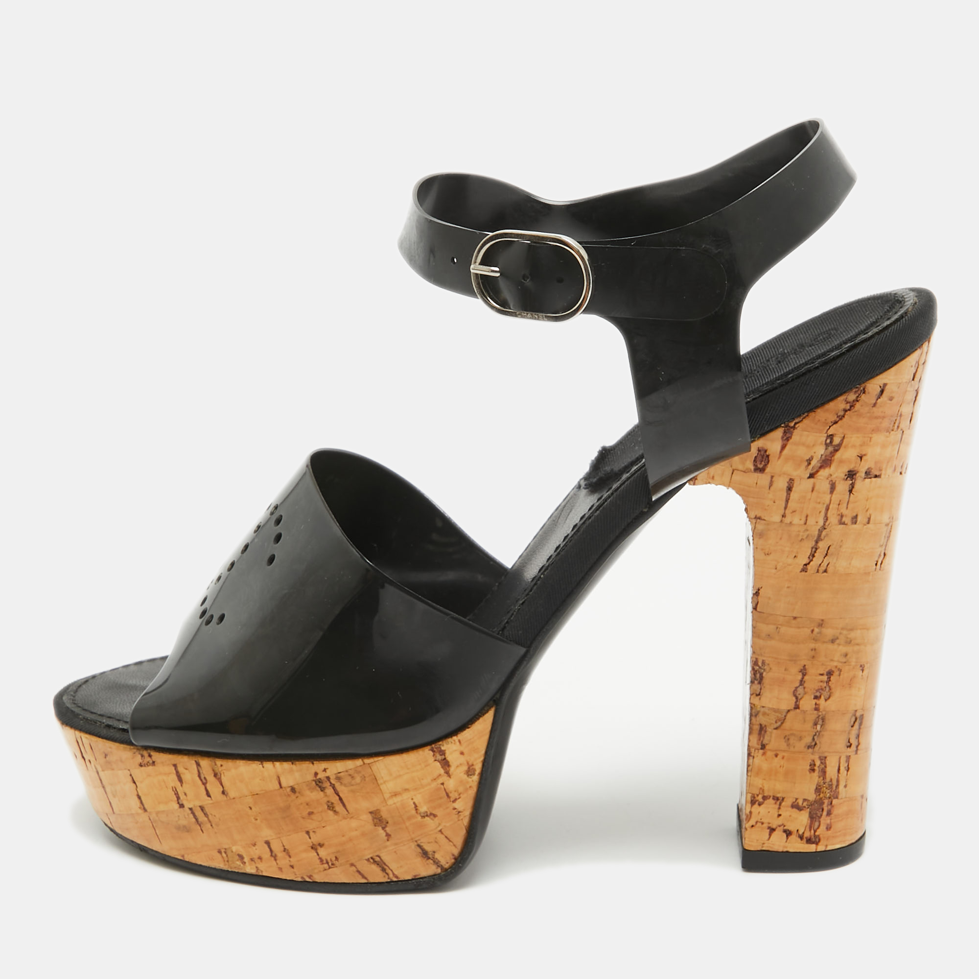 

Chanel Black Jelly Cork Platform Ankle Strap Sandals Size