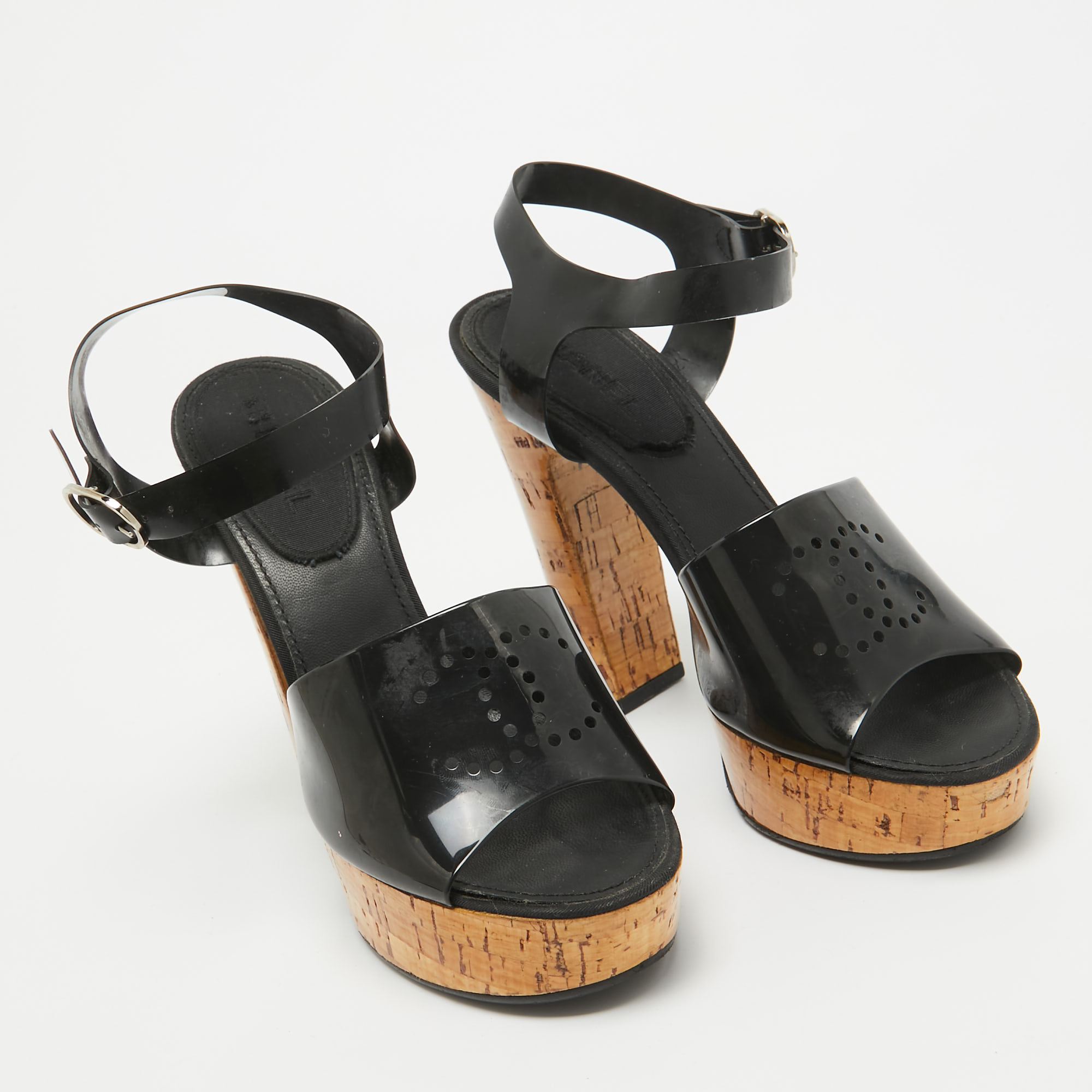 Chanel Black Jelly Cork Platform Ankle Strap Sandals Size 37.5 
