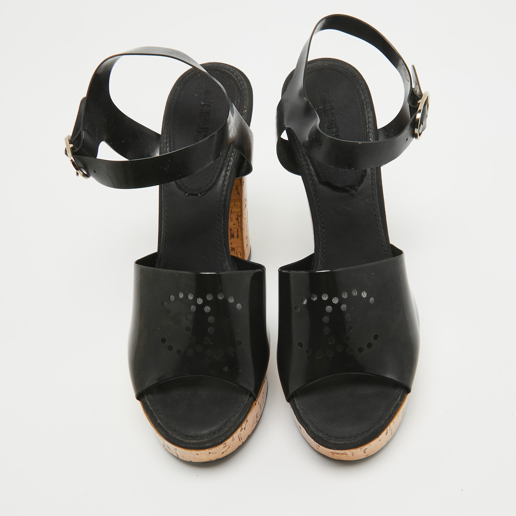 Chanel Black Jelly Cork Platform Ankle Strap Sandals Size 37.5 