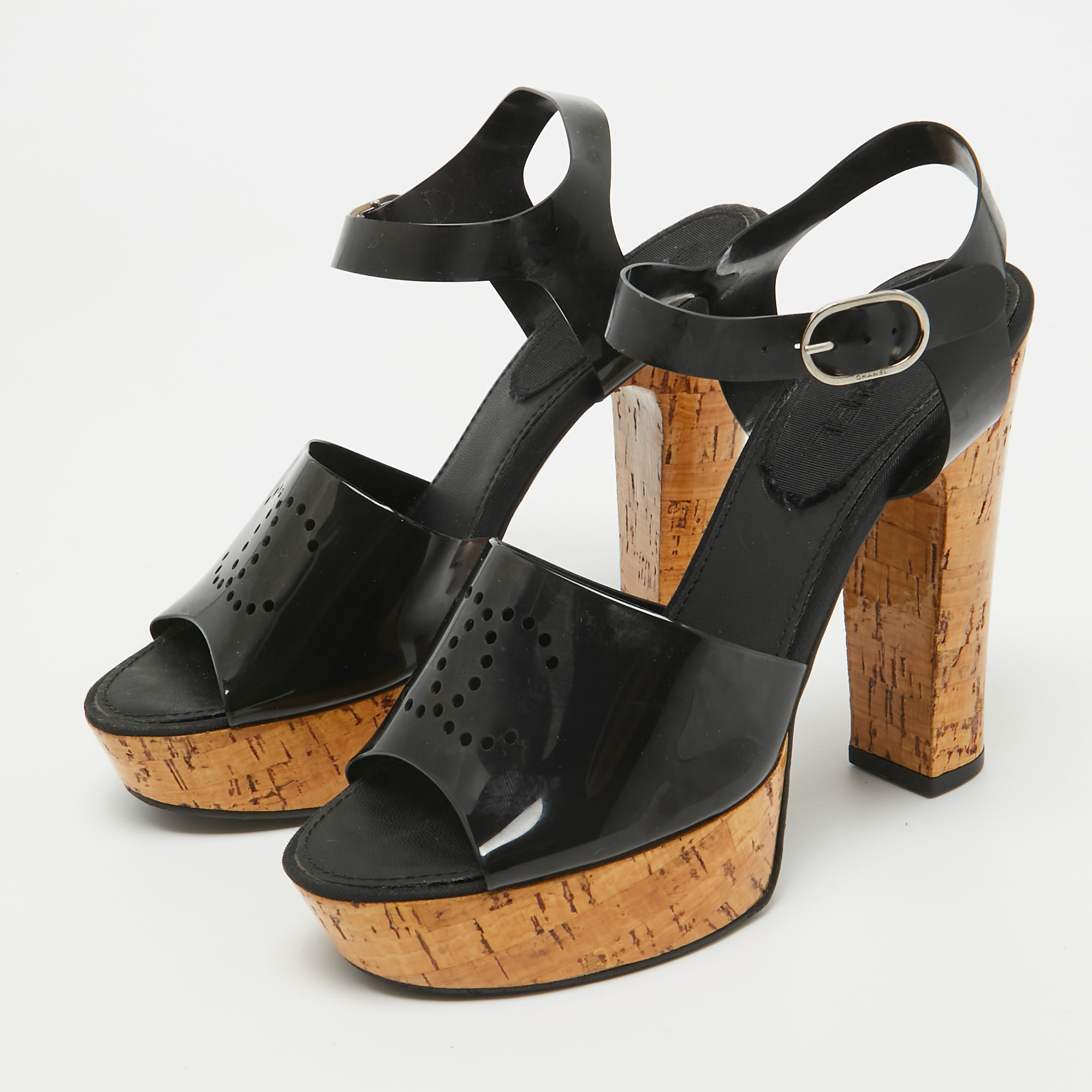 Chanel Black Jelly Cork Platform Ankle Strap Sandals Size 37.5 
