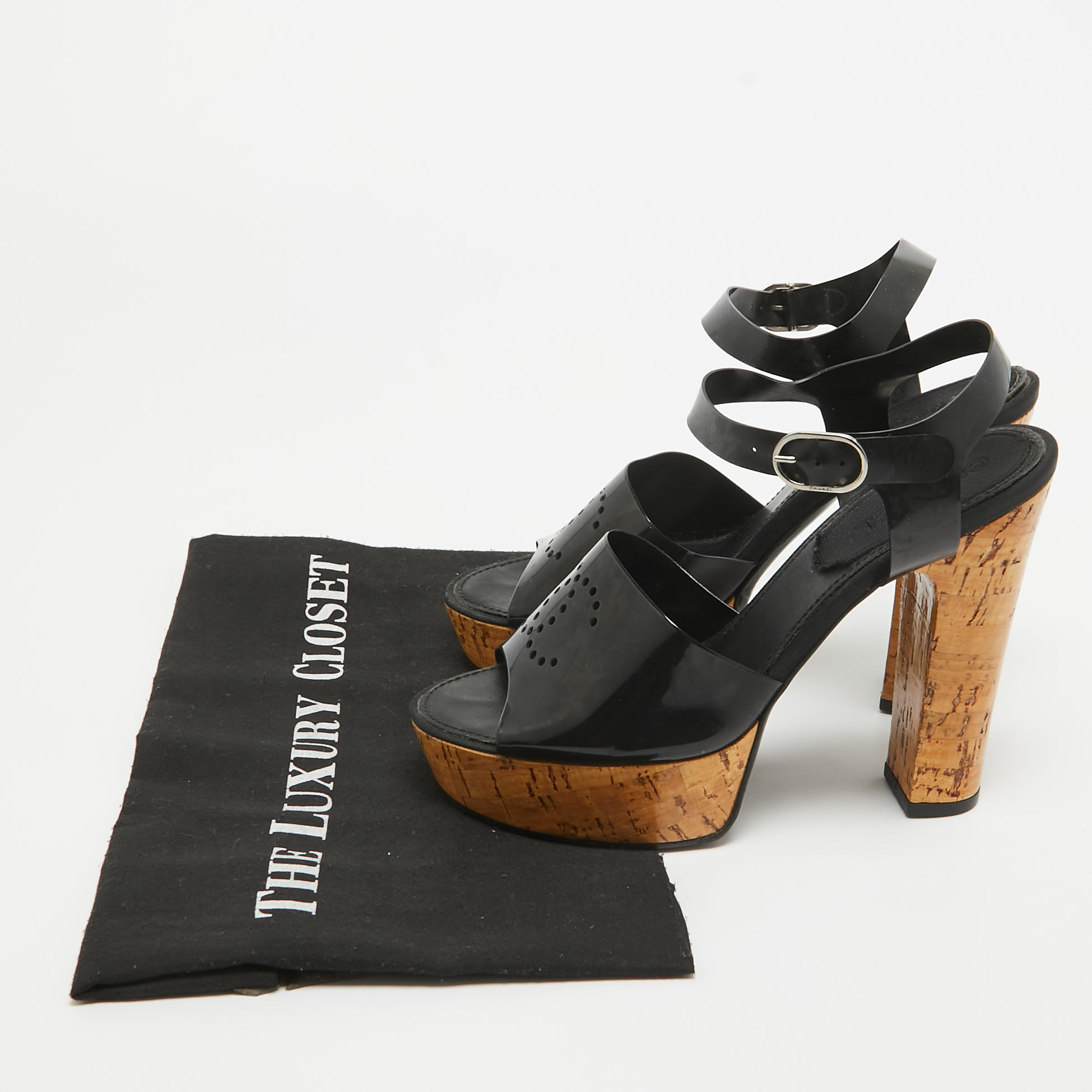 Chanel Black Jelly Cork Platform Ankle Strap Sandals Size 37.5 