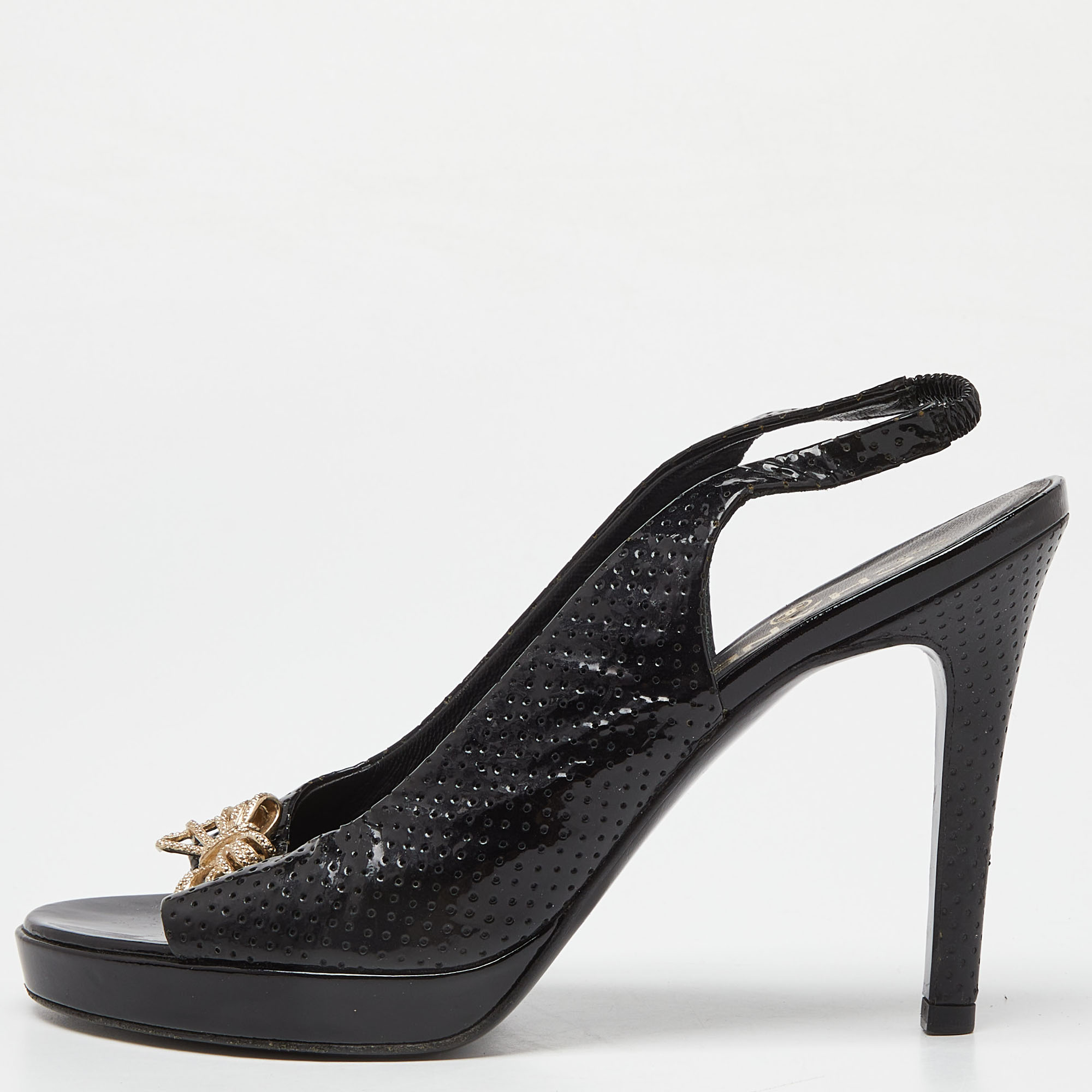 

Chanel Black Perforated Patent Leather Open Toe Slingback Sandals Size