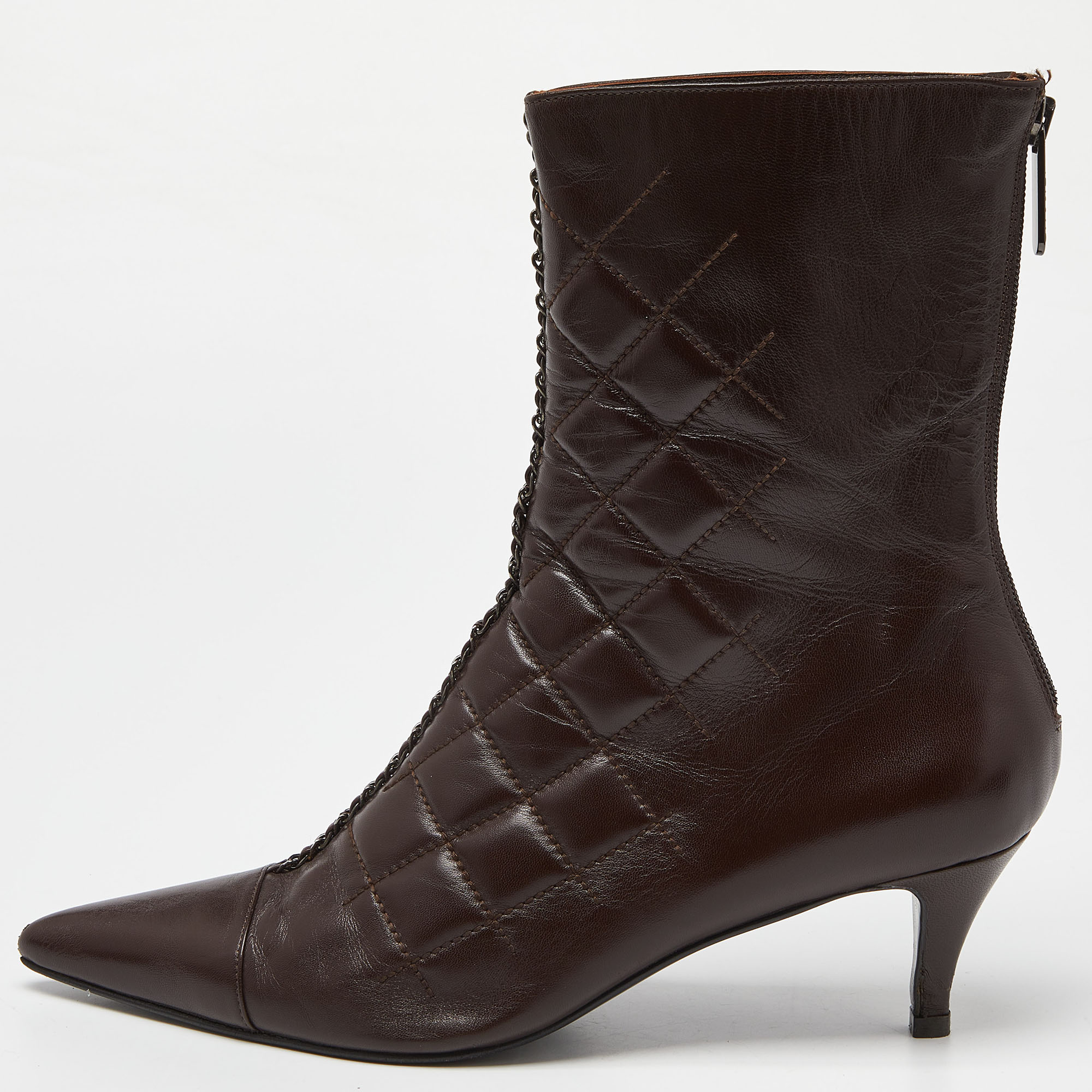 

Chanel Brown Quilted Leather Chain Detail Pointed Toe Ankle Boots Size