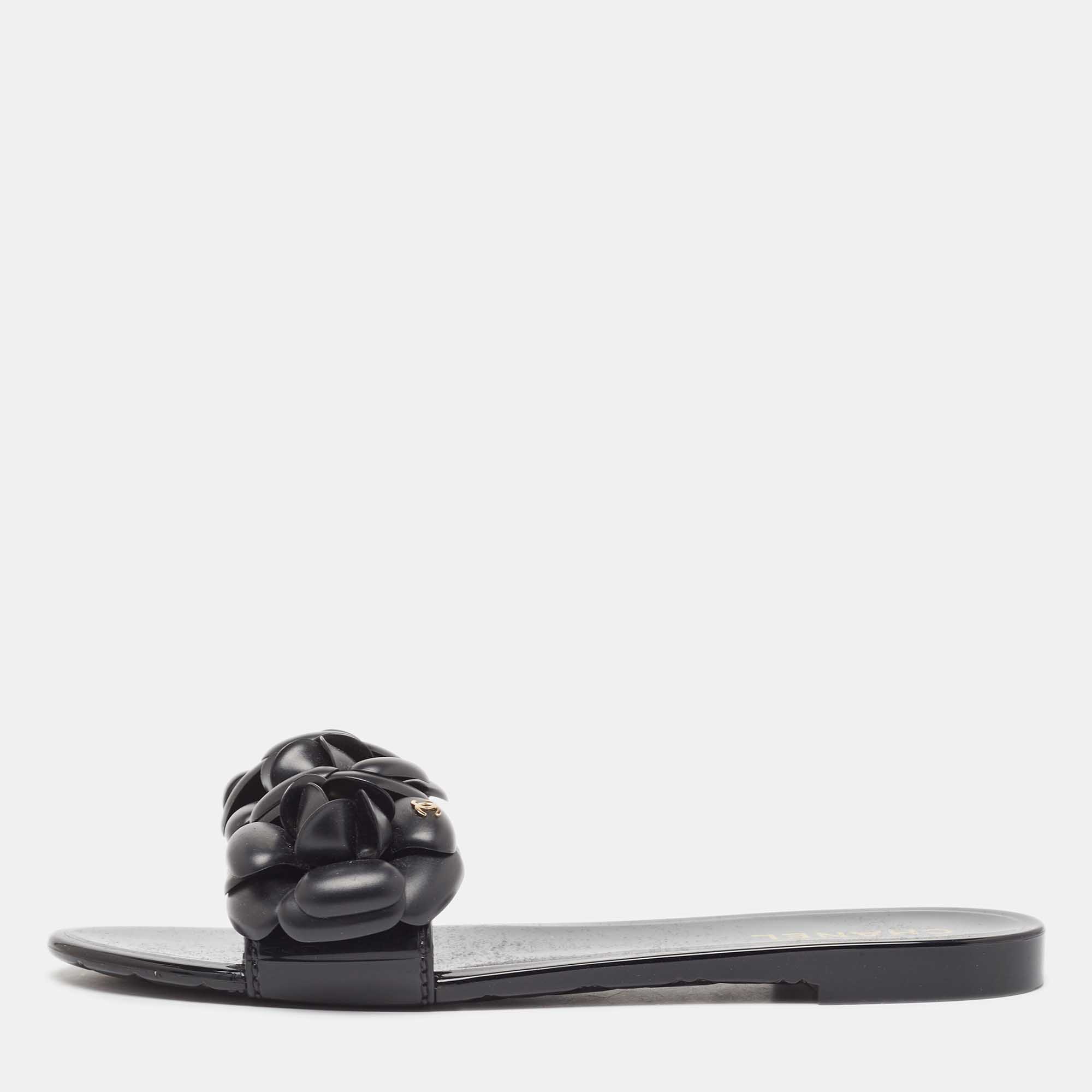 Pre-owned Chanel Black Jelly Cc Camelia Flat Slides Size 37