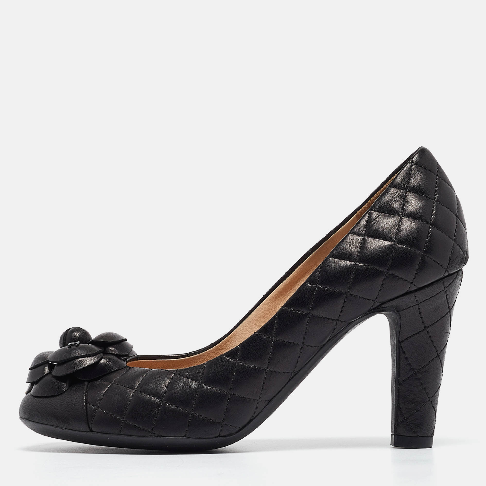 

Chanel Black Quilted Leather CC Camelia Pumps Size