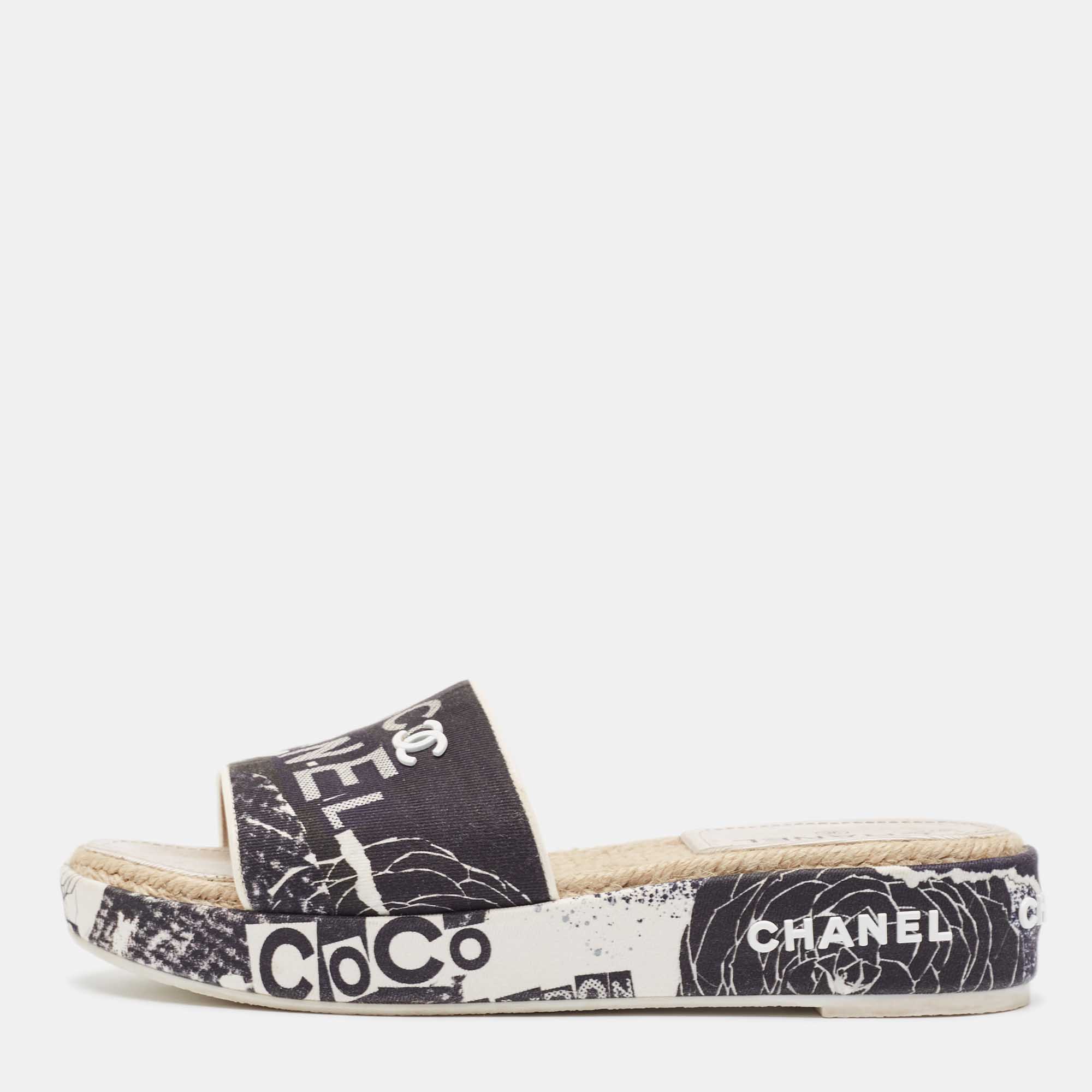 

Chanel Black/White Graffiti Print Canvas Espadrille Slide Sandals Size