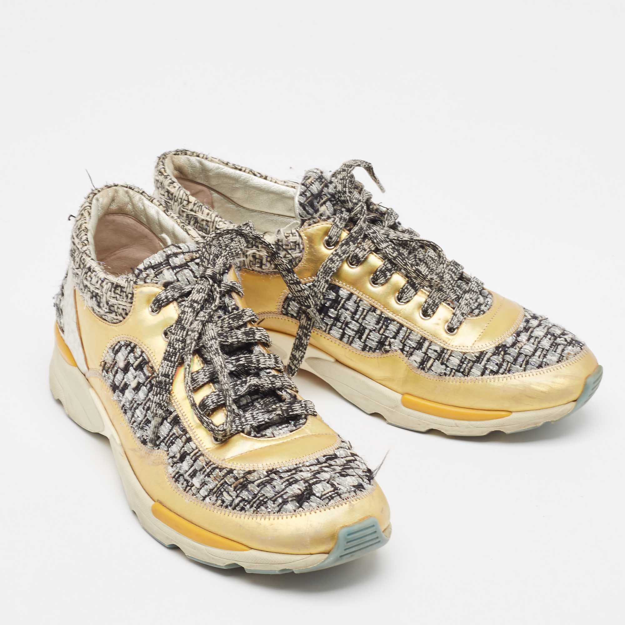Chanel Multicolor Tweed and Leather Interlocking Sneakers Size 38 