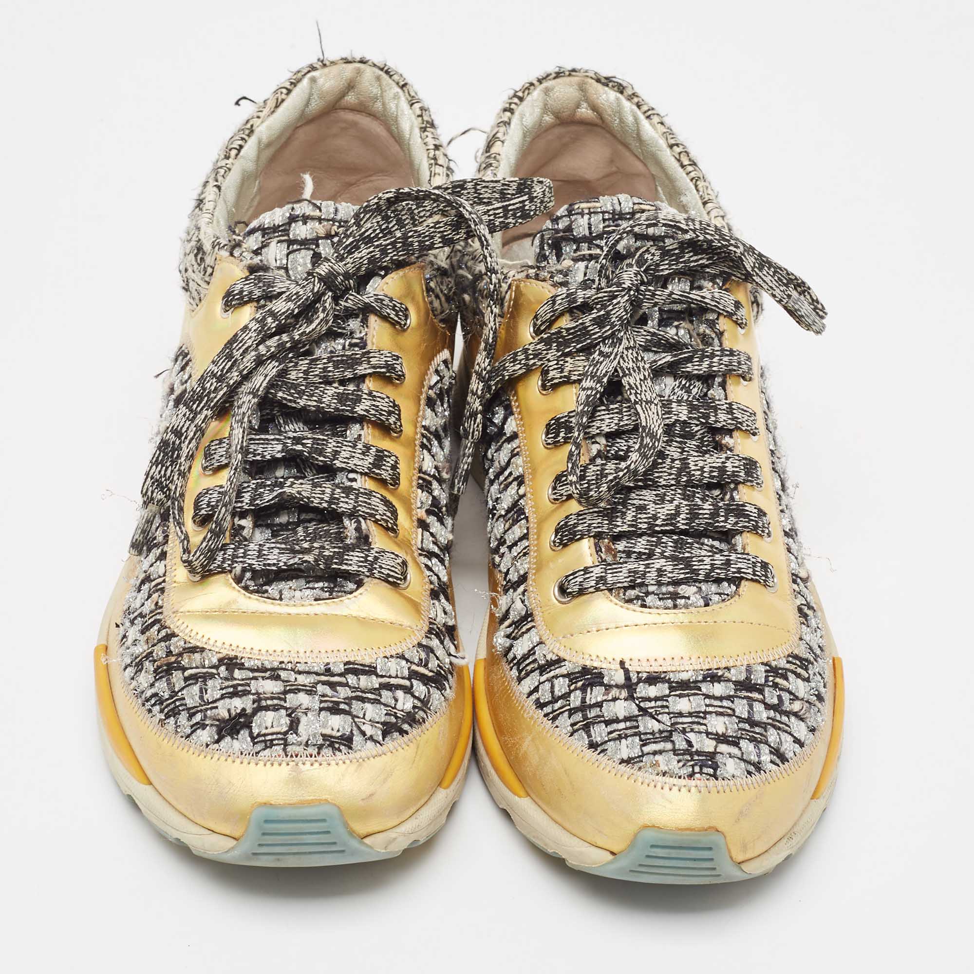 Chanel Multicolor Tweed and Leather Interlocking Sneakers Size 38 