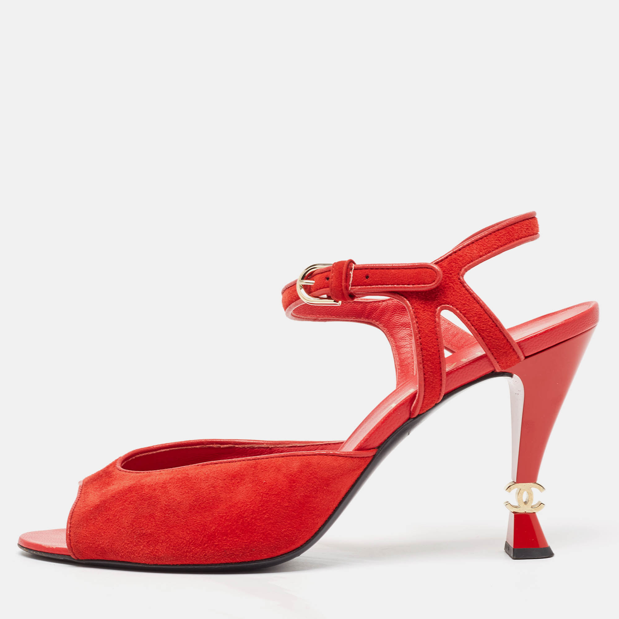 

Chanel Red Suede Open Toe CC Heel Ankle Strap Sandals Size