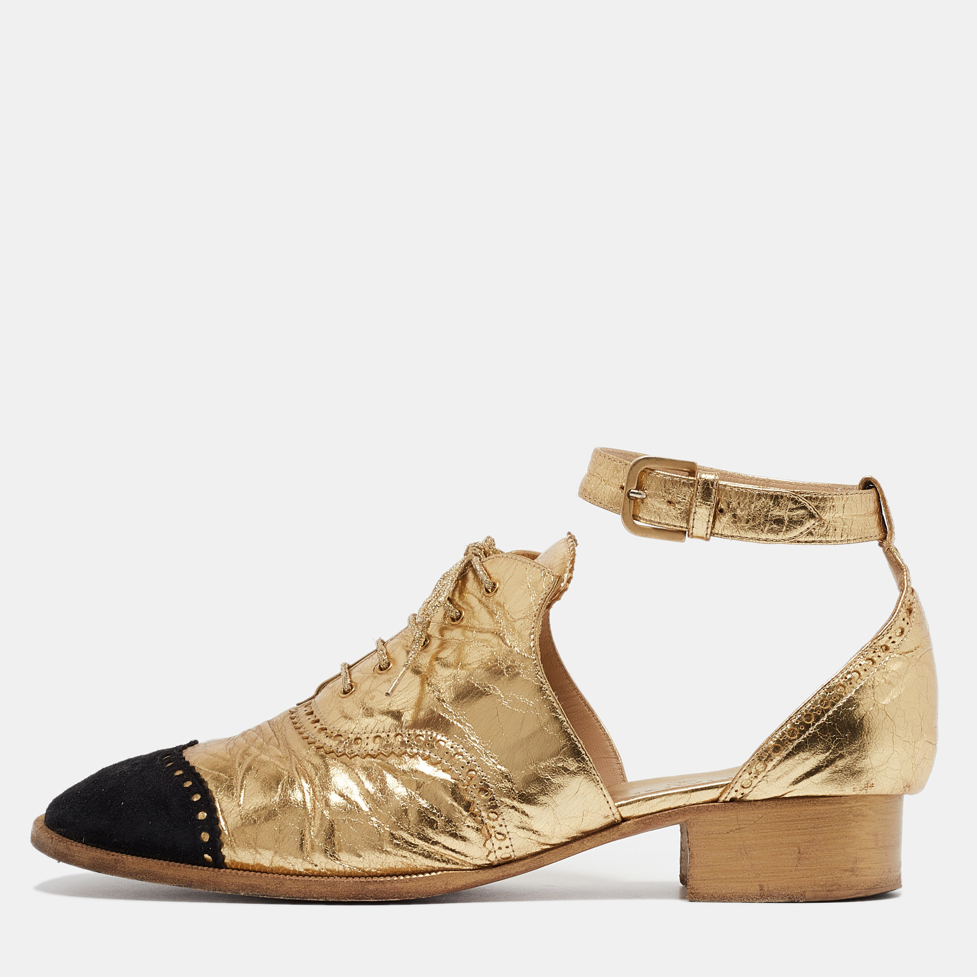 

Chanel Gold/Black Leather and Suede CC Ankle Strap Oxford Sandals Size