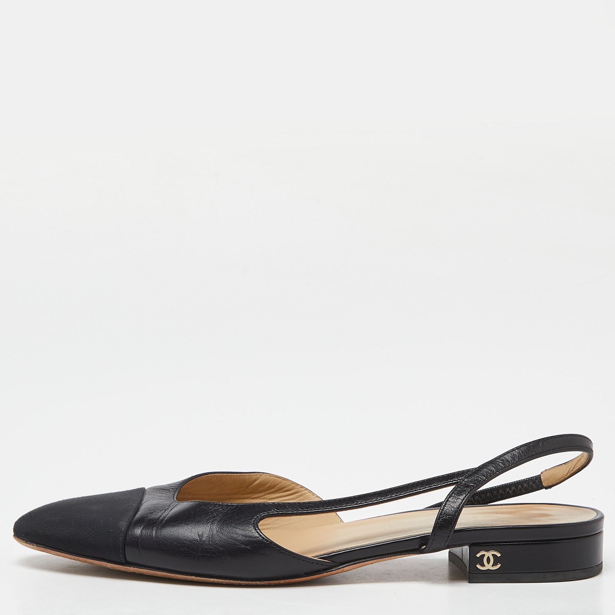 

Chanel Black Leather and Canvas CC Cap Toe Slingback Flats Size