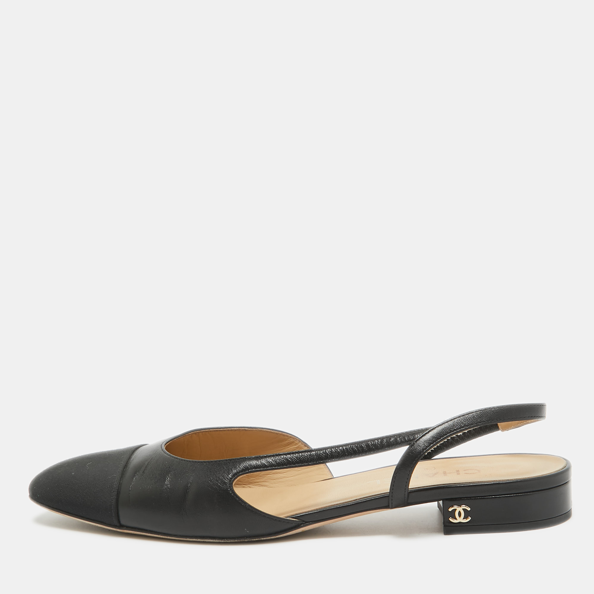 

Chanel Black Leather and Grosgrain Cap Toe Slingback Flats Size