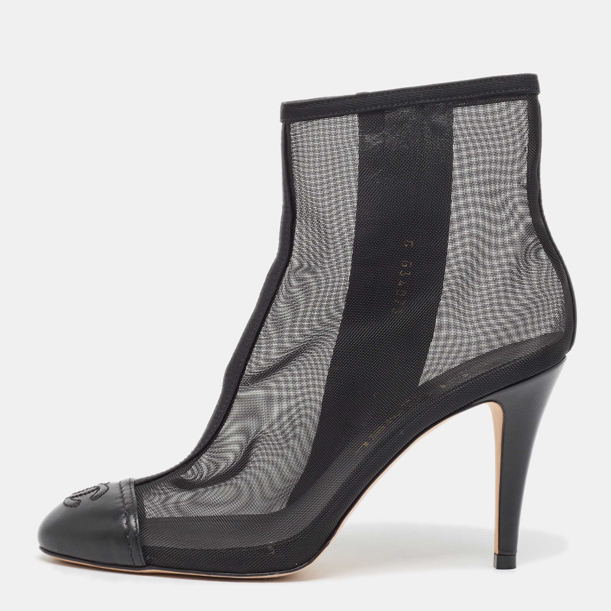 

Chanel Black Mesh and Leather CC Cap Toe Ankle Boots Size