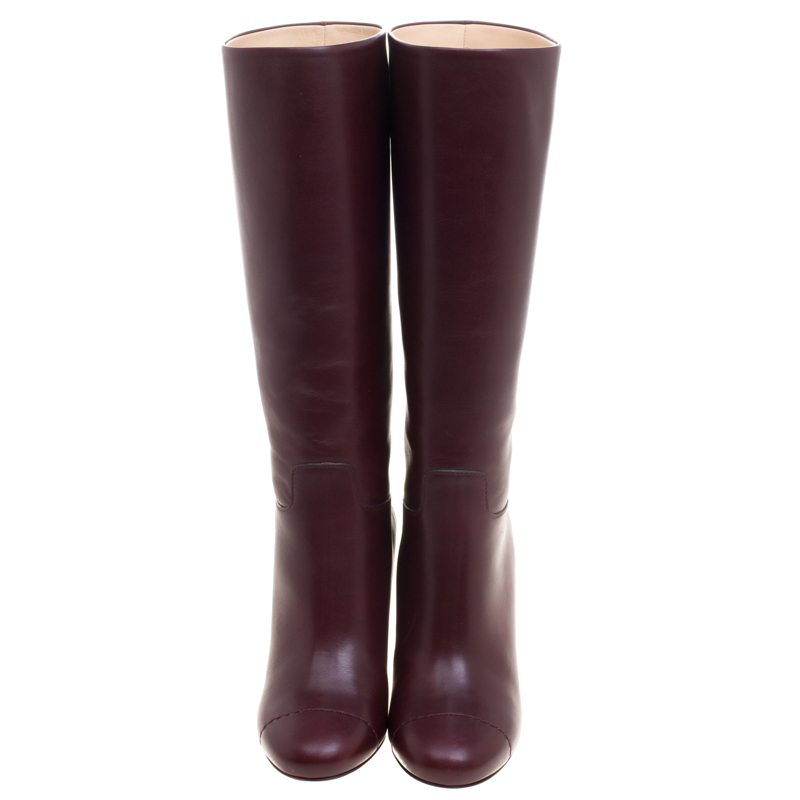 Chanel Burgundy Leather CC Block Heel Tall Boots
