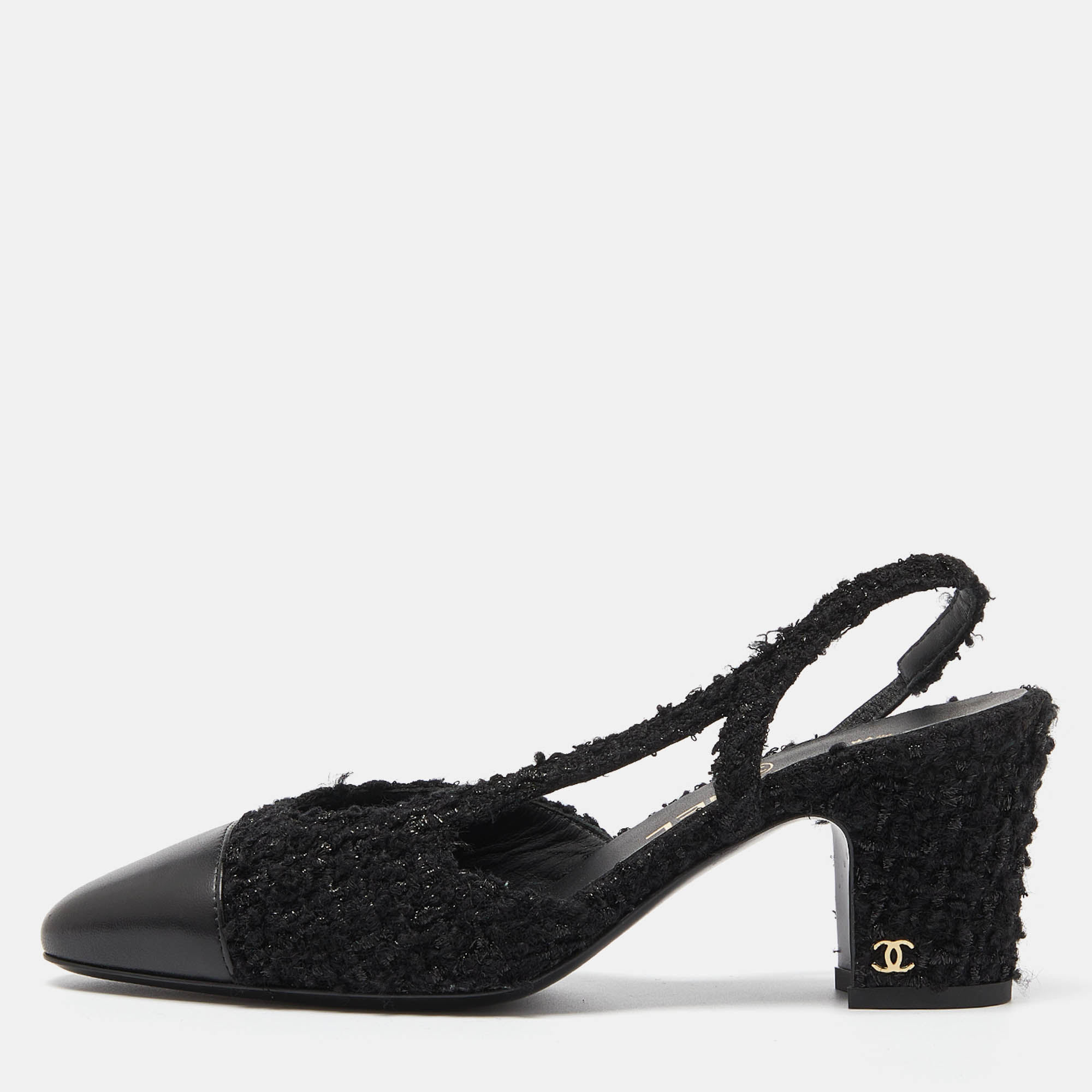 

Chanel Black Tweed and Leather Cap Toe CC Slingback Pumps Size