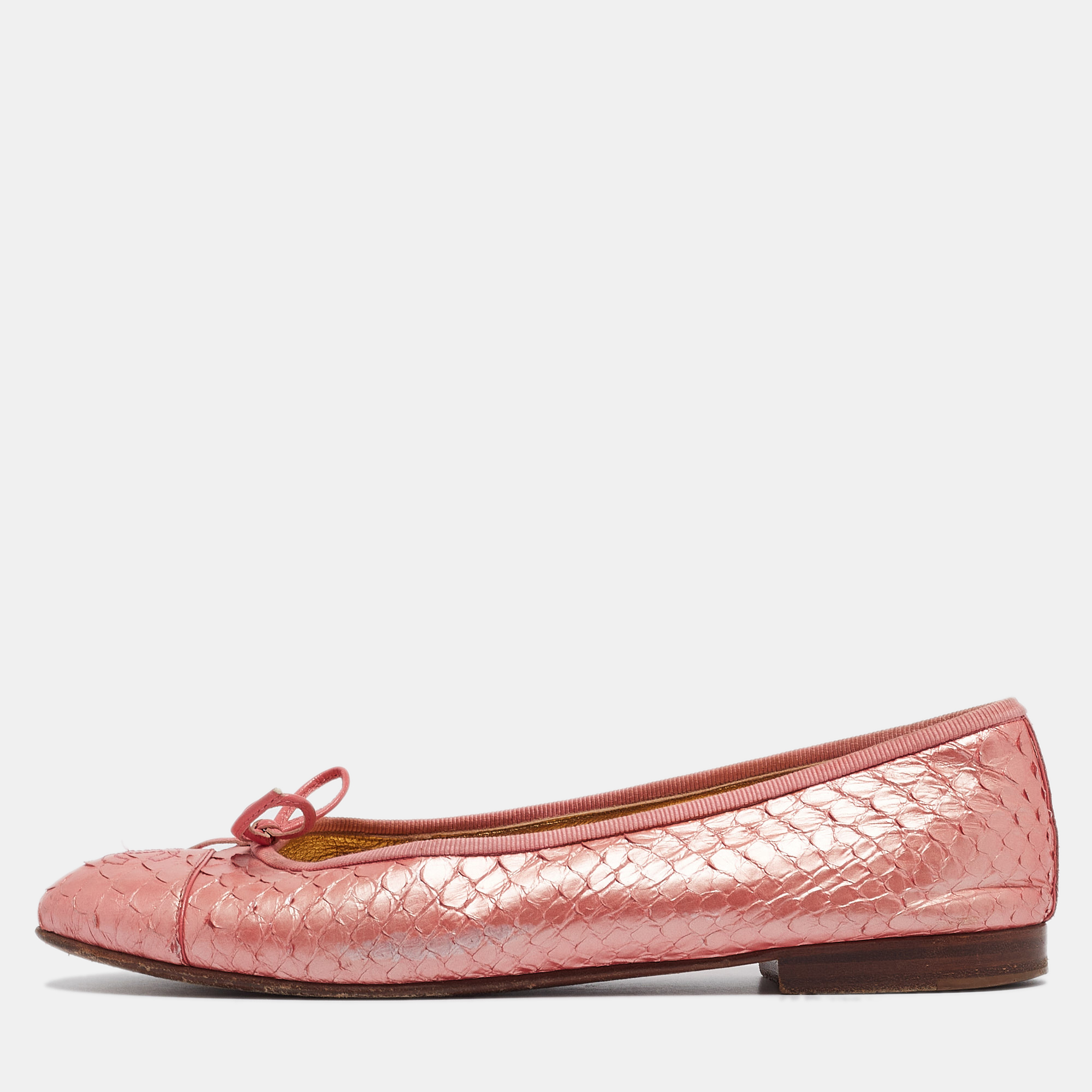 

Chanel Pink Python CC Cap Toe Ballet Flats Size