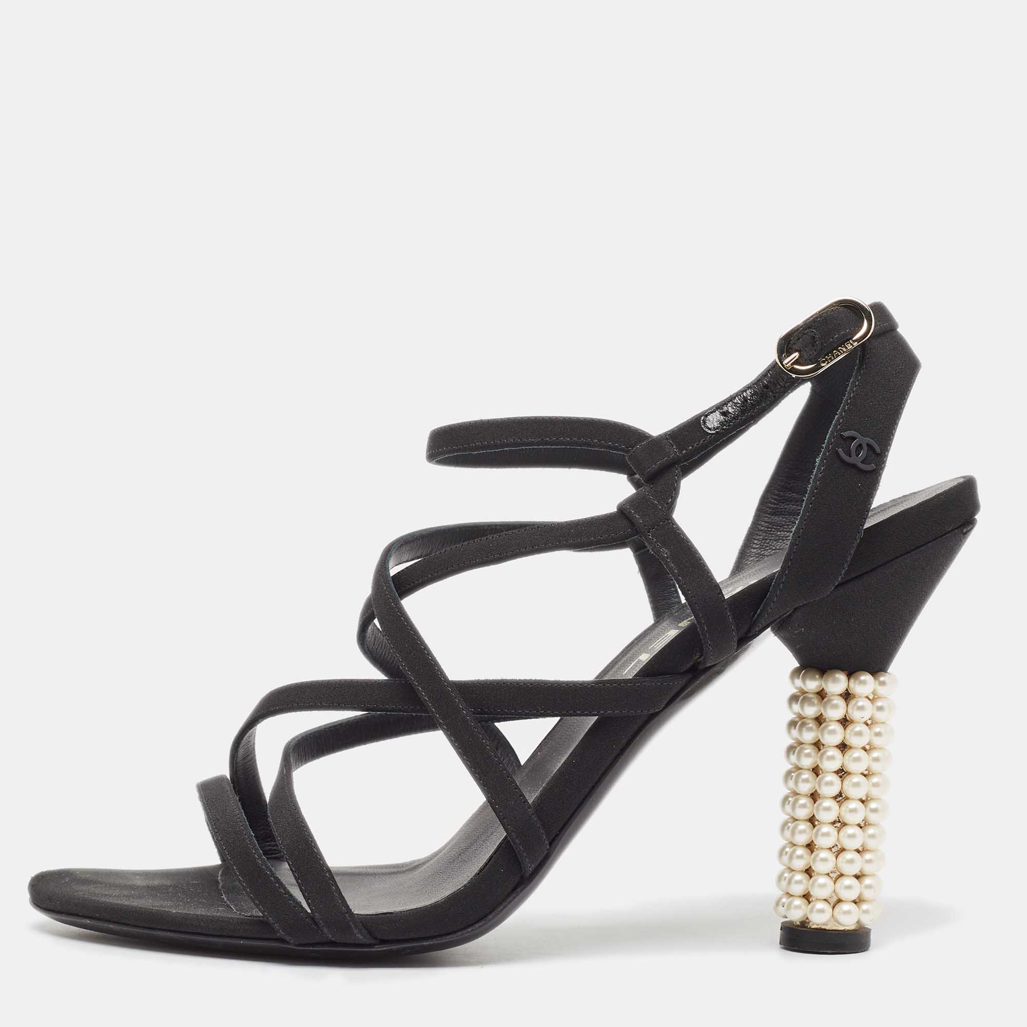 

Chanel Black Canvas Strappy Faux Pearls Heel Sandals Size