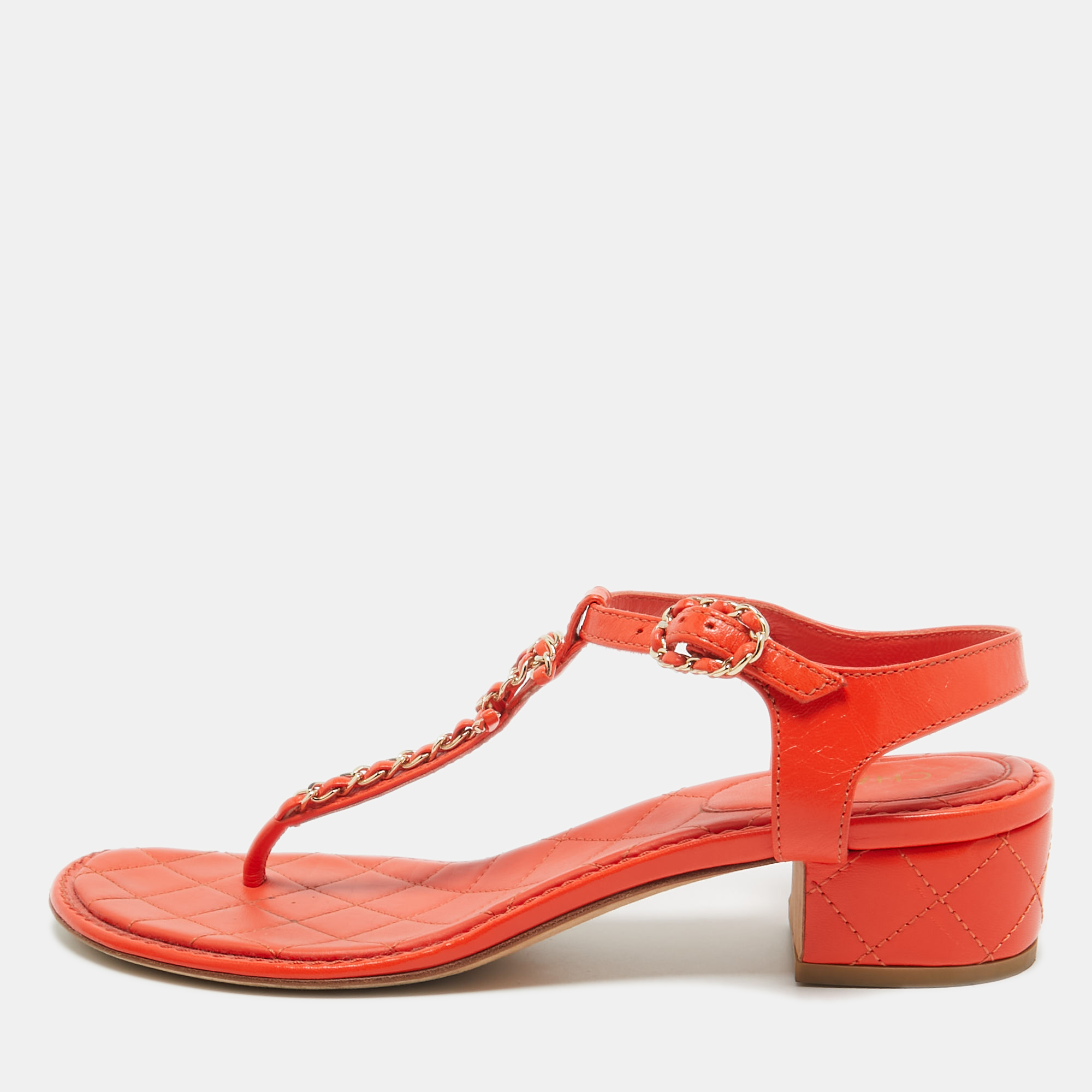 

Chanel Orange Leather CC Chain Link T-Bar Ankle Strap Sandals Size