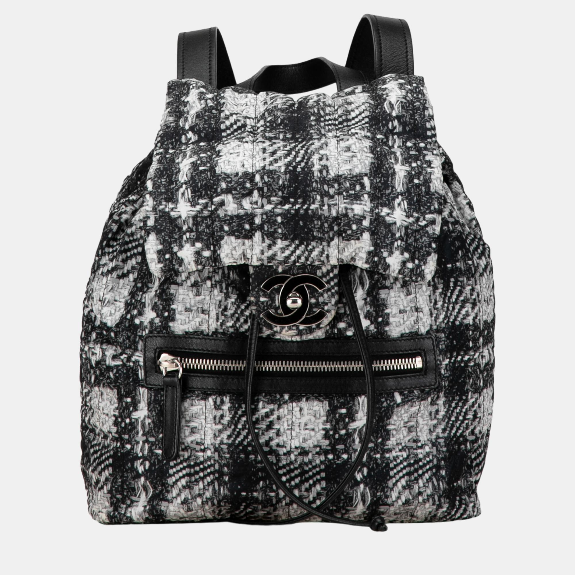 

Chanel Black/Grey CC Nylon Tweed Printed Backpack