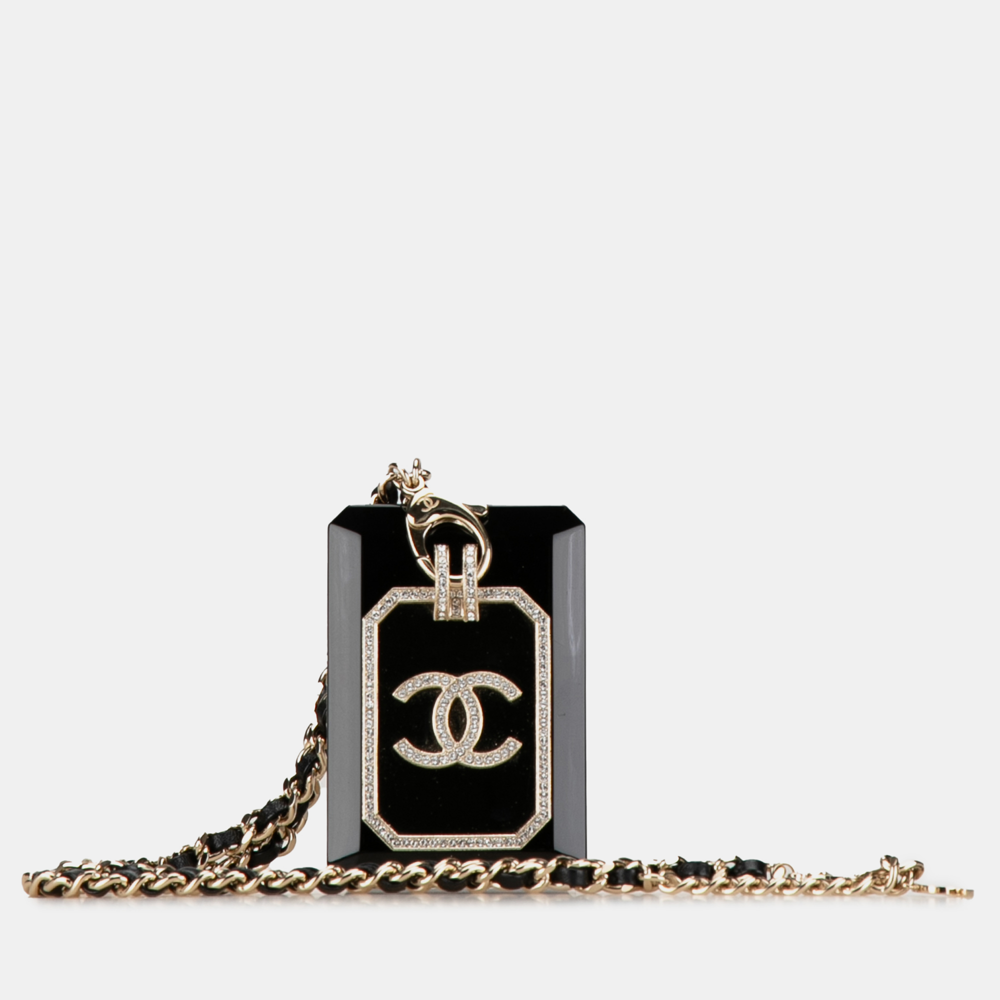 

Chanel Rhinestone Embellished Resin and Leather Card Case Necklace, Black