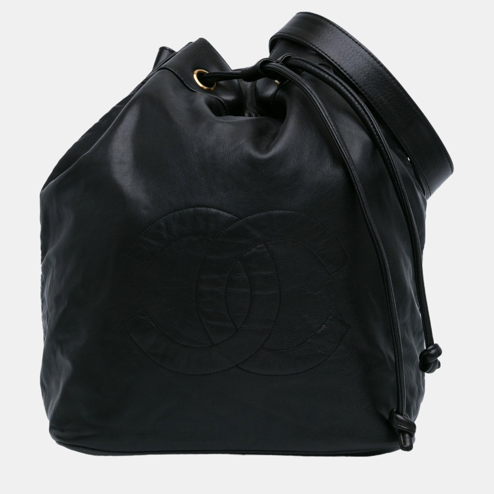 

Chanel Black CC Lambskin Drawstring Sling Backpack
