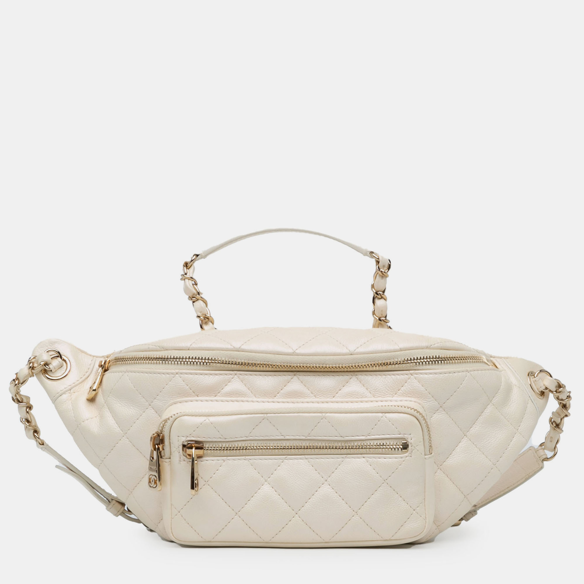 Pre-owned Chanel White Iridescent Calfskin All About Waist Belt Bag