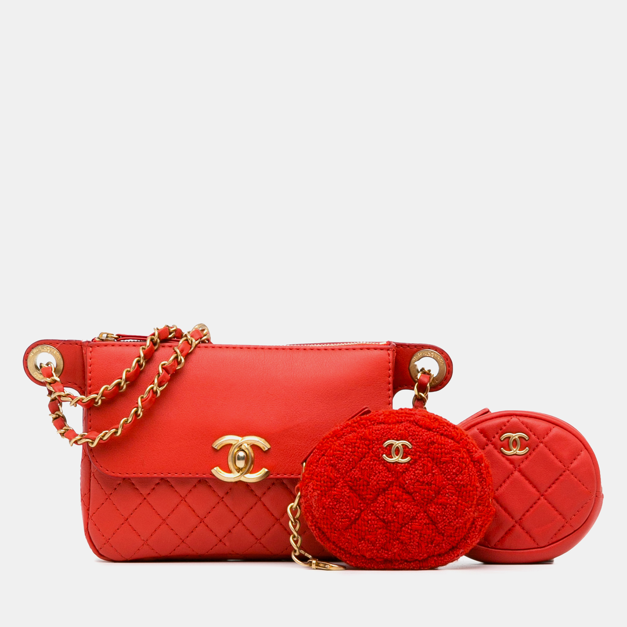 

Chanel Red Leather Chanel CC Quilted Calfskin Flap Belt Bag and Coin Purse