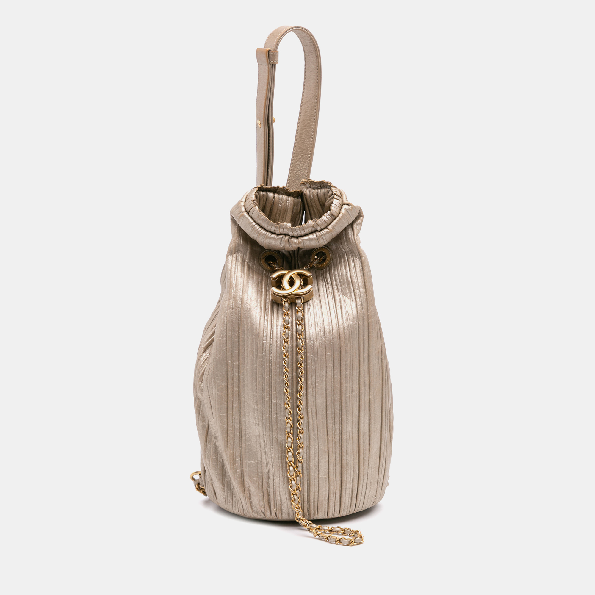 

Chanel Gold Small Metallic Calfskin Coco Pleats Drawstring Backpack