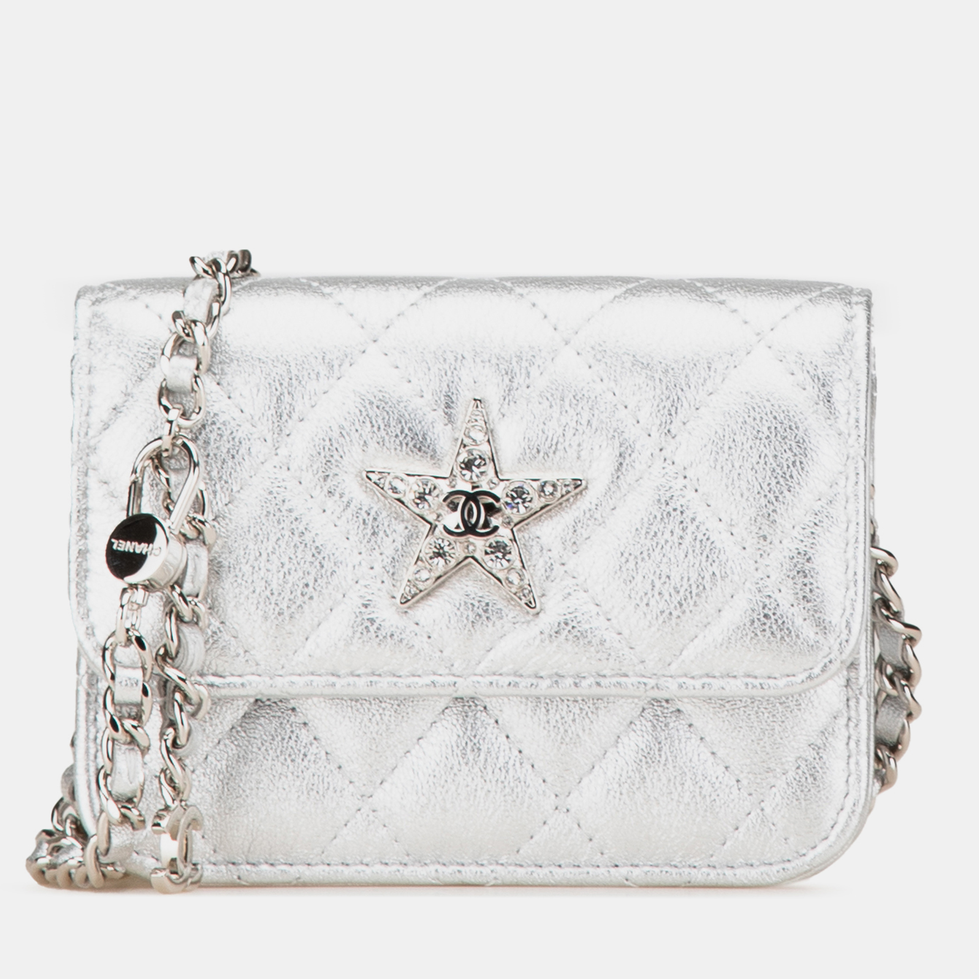 

Chanel Silver Metallic Lambskin Crystal Star Chain Belt Bag