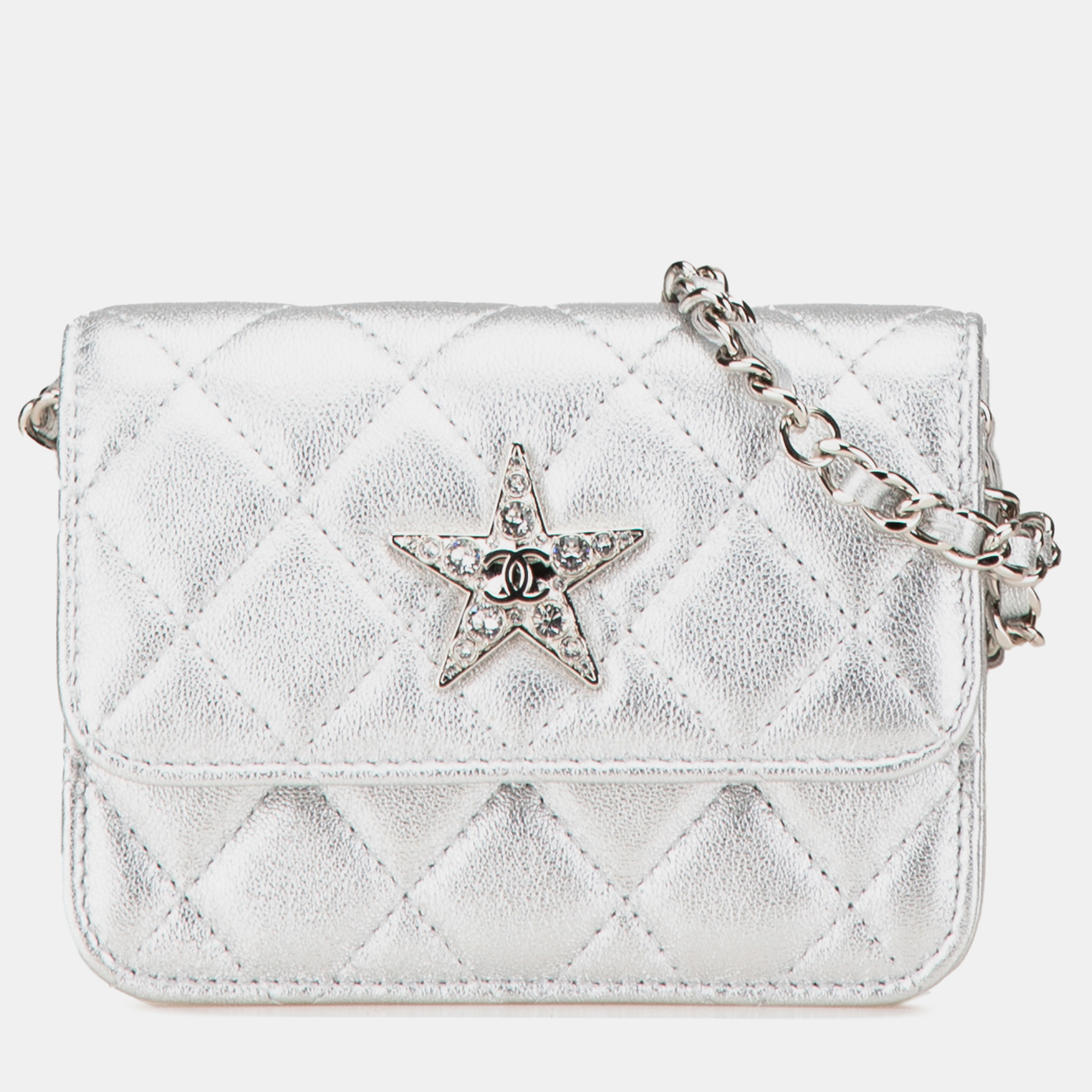 

Chanel Metallic Lambskin Crystal Star Chain Belt Bag, Silver