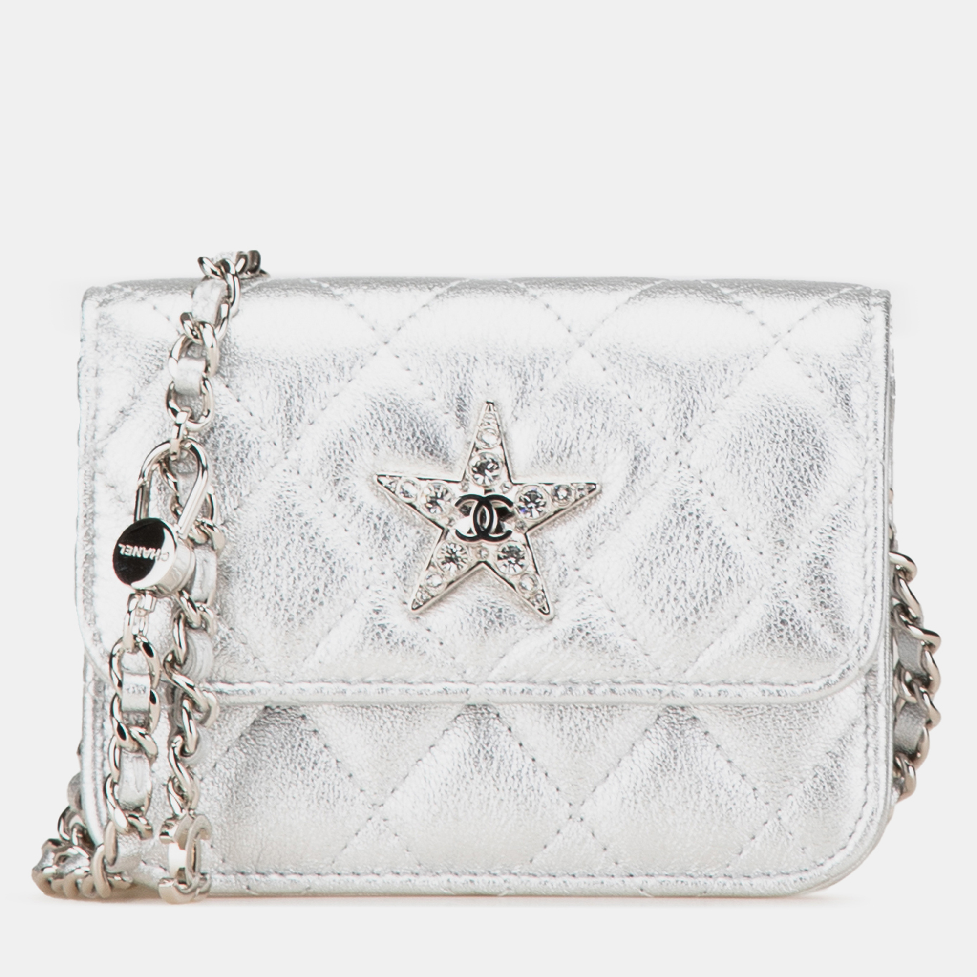 

Chanel Metallic Lambskin Crystal Star Chain Belt Bag, Silver