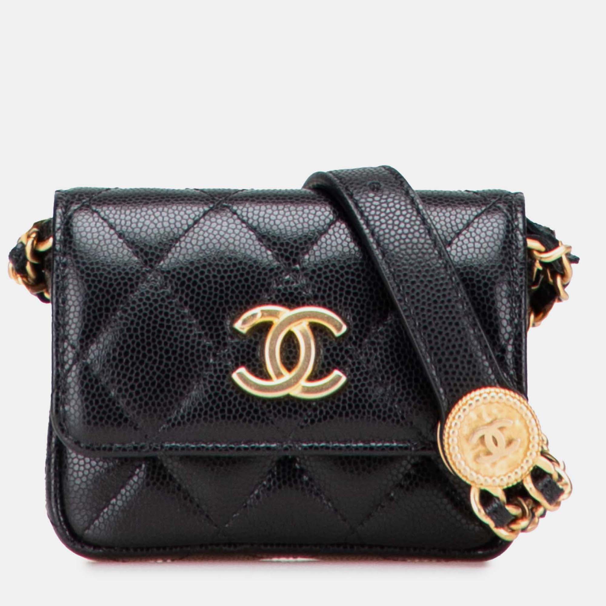 Pre-owned Chanel Quilted Caviar Twist Your Buttons Flap Chain Belt Bag In Black