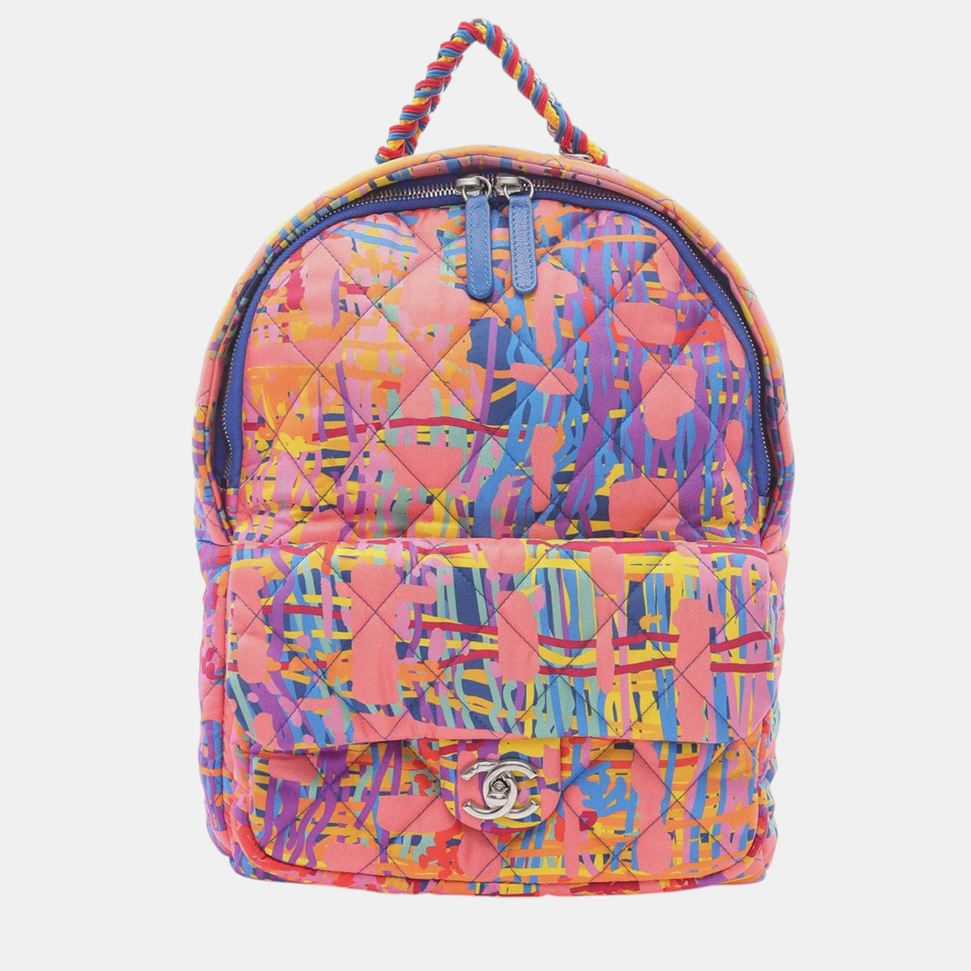 Pre-owned Chanel Pink Quilted And Printed Nylon Foulard Backpack