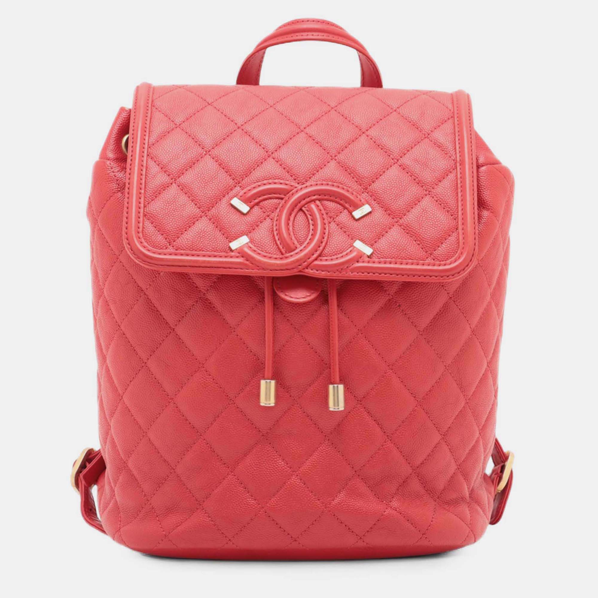 

Chanel Red Quilted Caviar CC Filigree Backpack