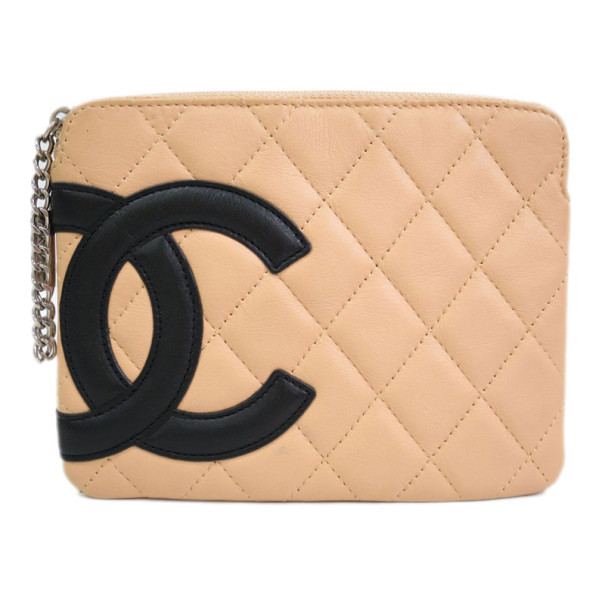 Pre Owned Chanel Beige Lambskin Cambon Pouch