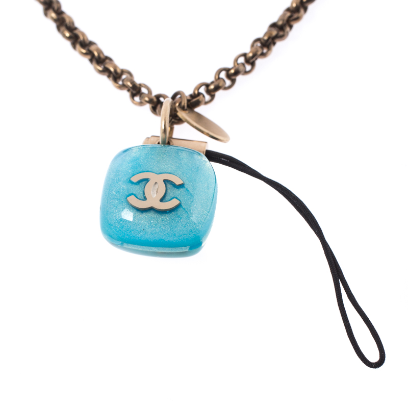 

Chanel CC Logo Resin Charm Gold Tone Cell Phone Strap, Blue