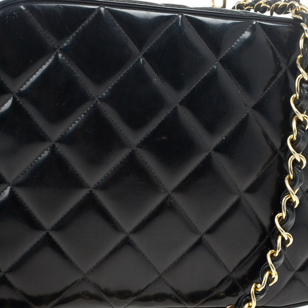 Chanel Vintage Chain Lunch Box Bag Quilted Patent Small Black 20881250