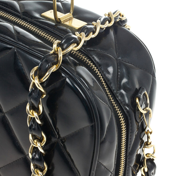 Chanel Vintage Chain Lunch Box Bag Quilted Patent Small Black 20881250